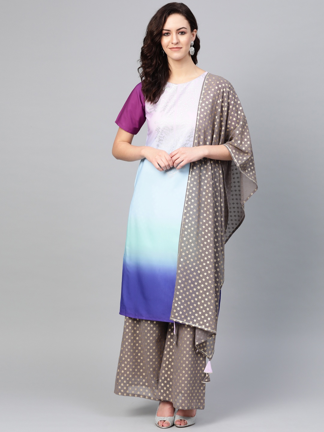 

Ahalyaa Women Blue & Charcoal Grey Printed Kurta with Palazzos & Dupatta
