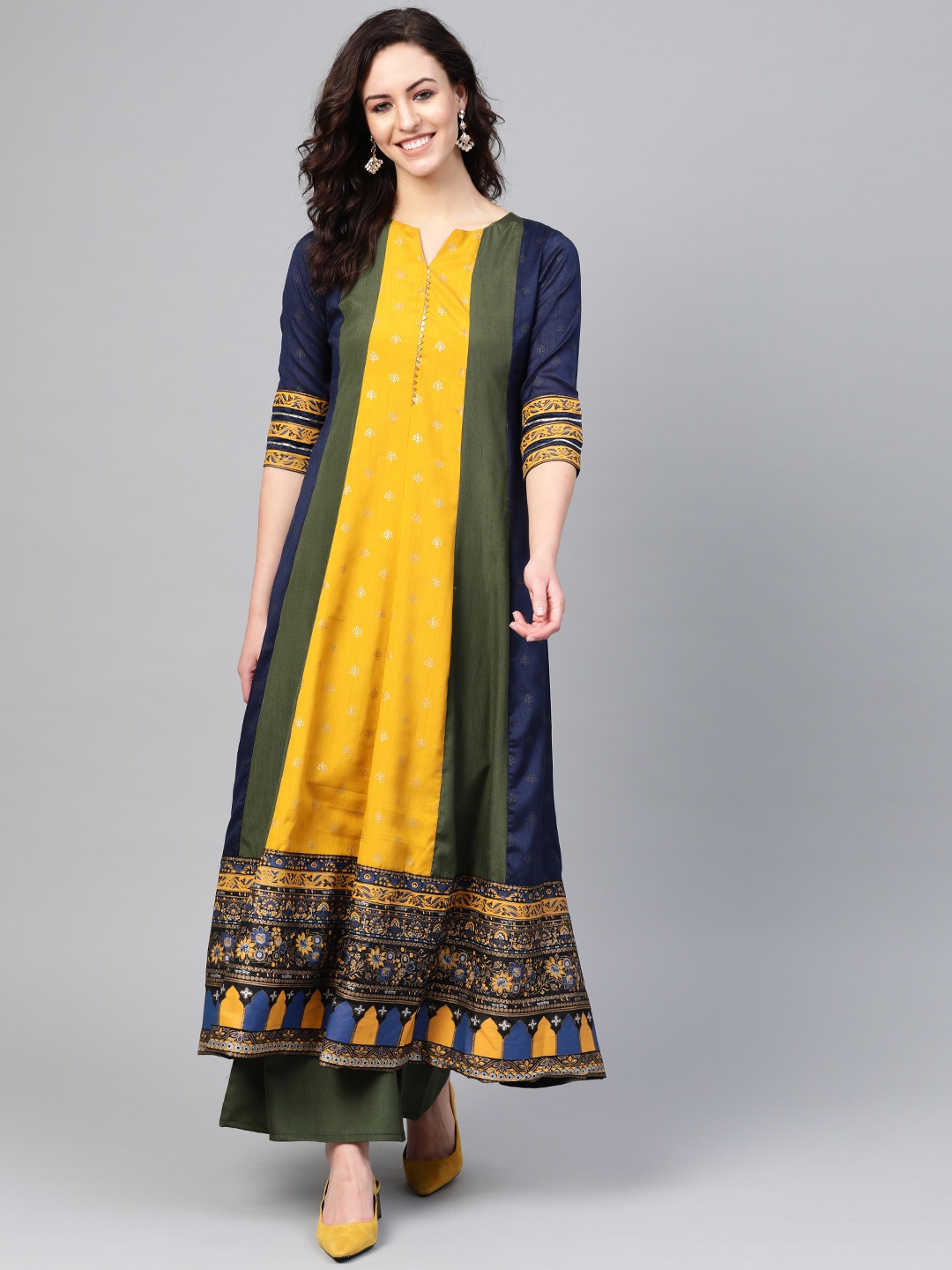 

Ahalyaa Women Mustard Yellow & Olive Green Printed Kurta with Palazzos