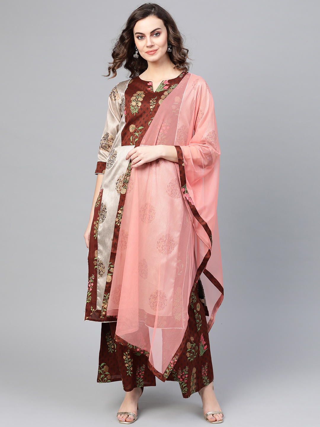 

Ahalyaa Women Grey & Coffee Brown Printed Kurta with Palazzos & Dupatta