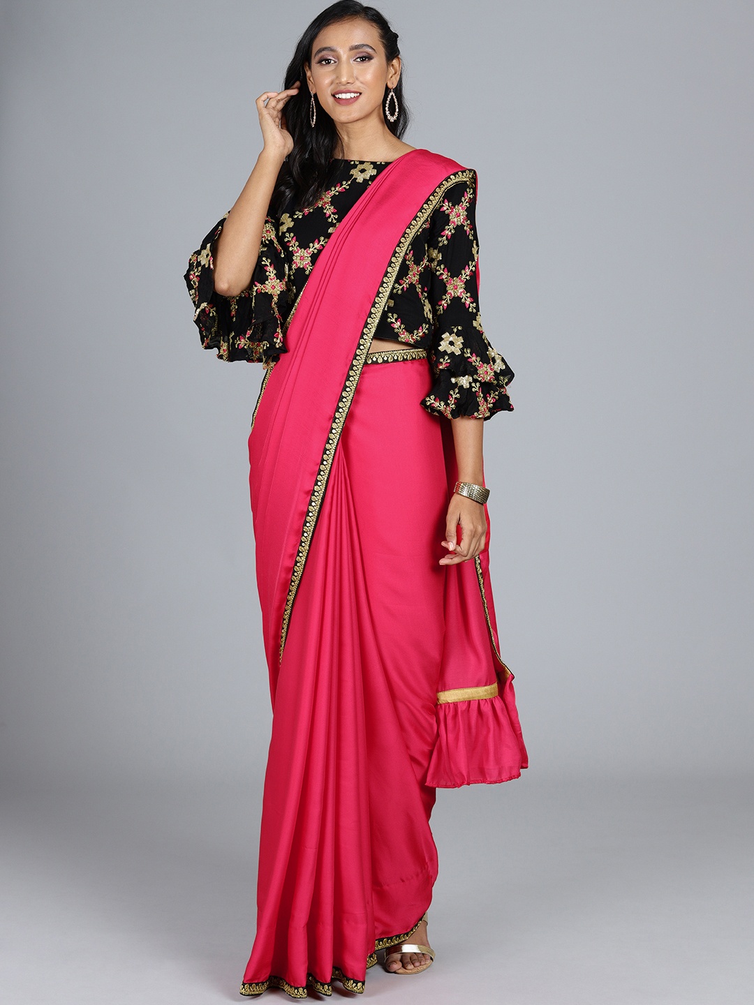 

Ethnovog Pink Solid Satin Saree with Stiched Blouse
