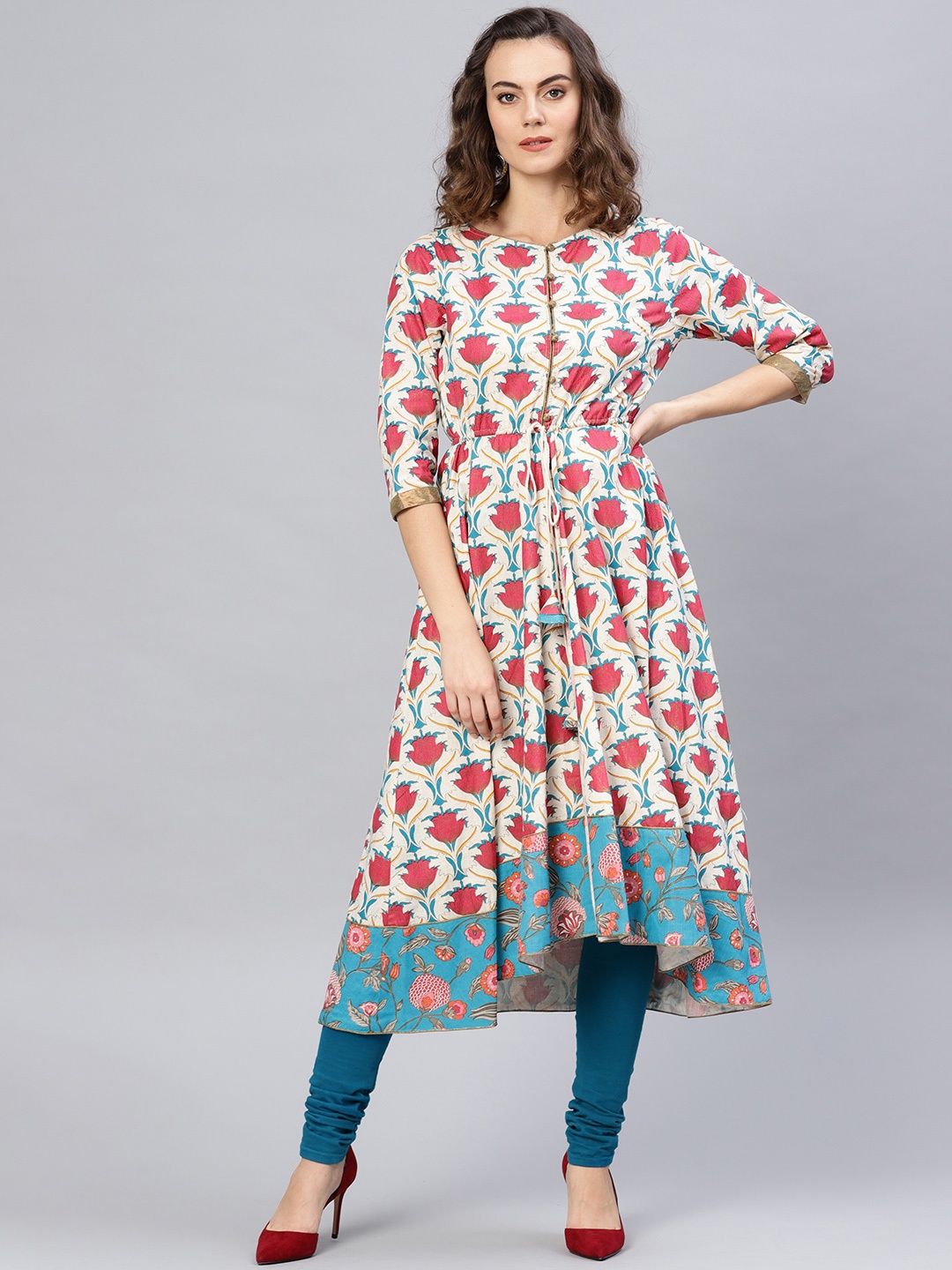 

Pannkh Women Beige & Pink Printed A-Line Kurta