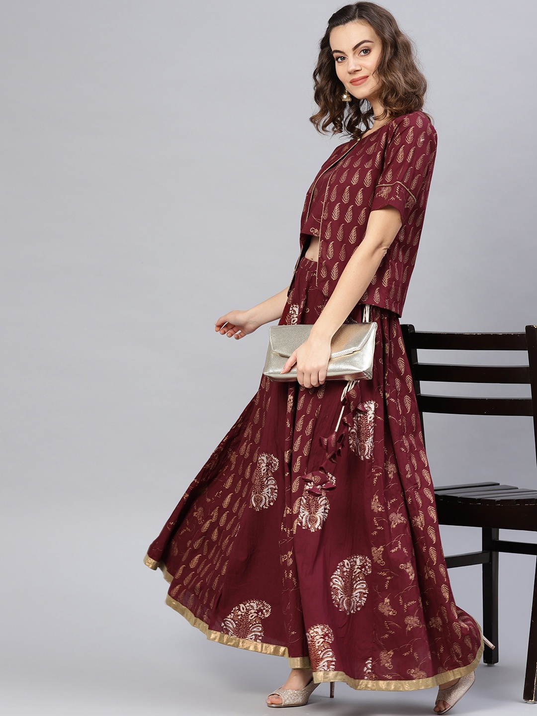 

Pannkh Women Maroon & Golden Foil Print Top with Skirt