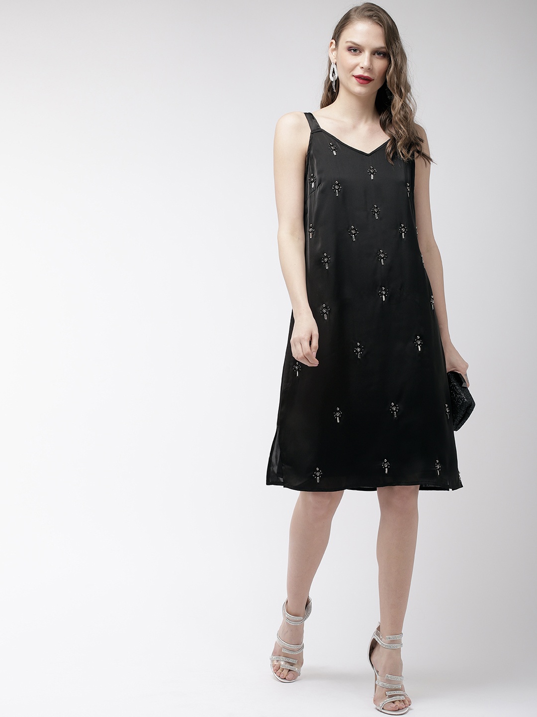 

Antheaa Black Embellished Satin Party Dress