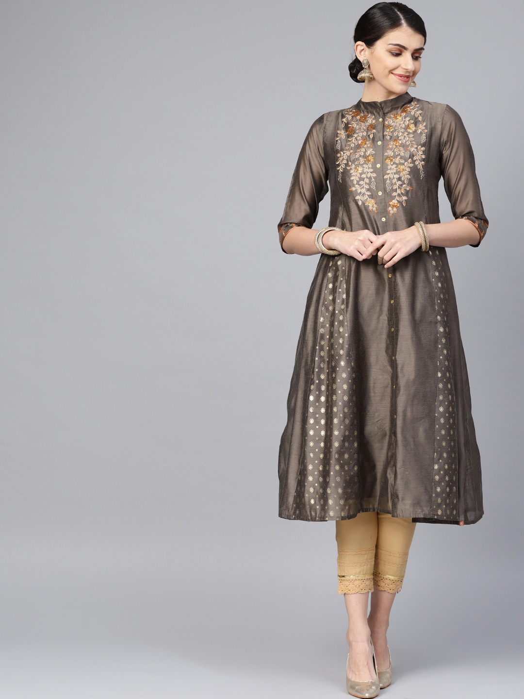 

Juniper Women Taupe & Golden Floral Embroidered Anarkali Kurta