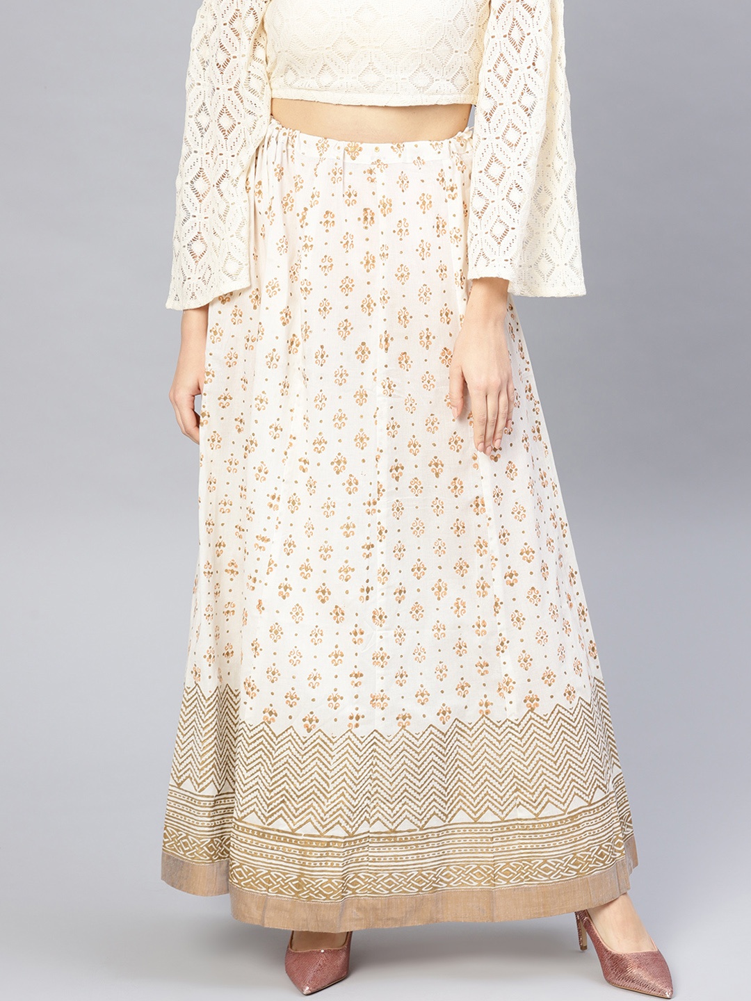 

Pannkh Women Off-White & Golden Block Printed A-Line Skirt