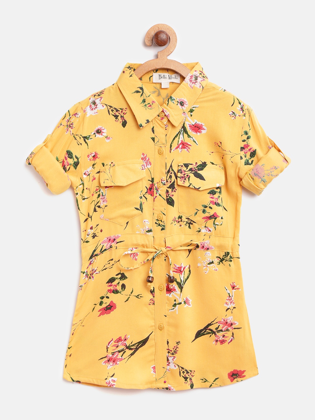 

Bella Moda Girls Yellow & Pink Regular Fit Floral Print Longline Casual Shirt