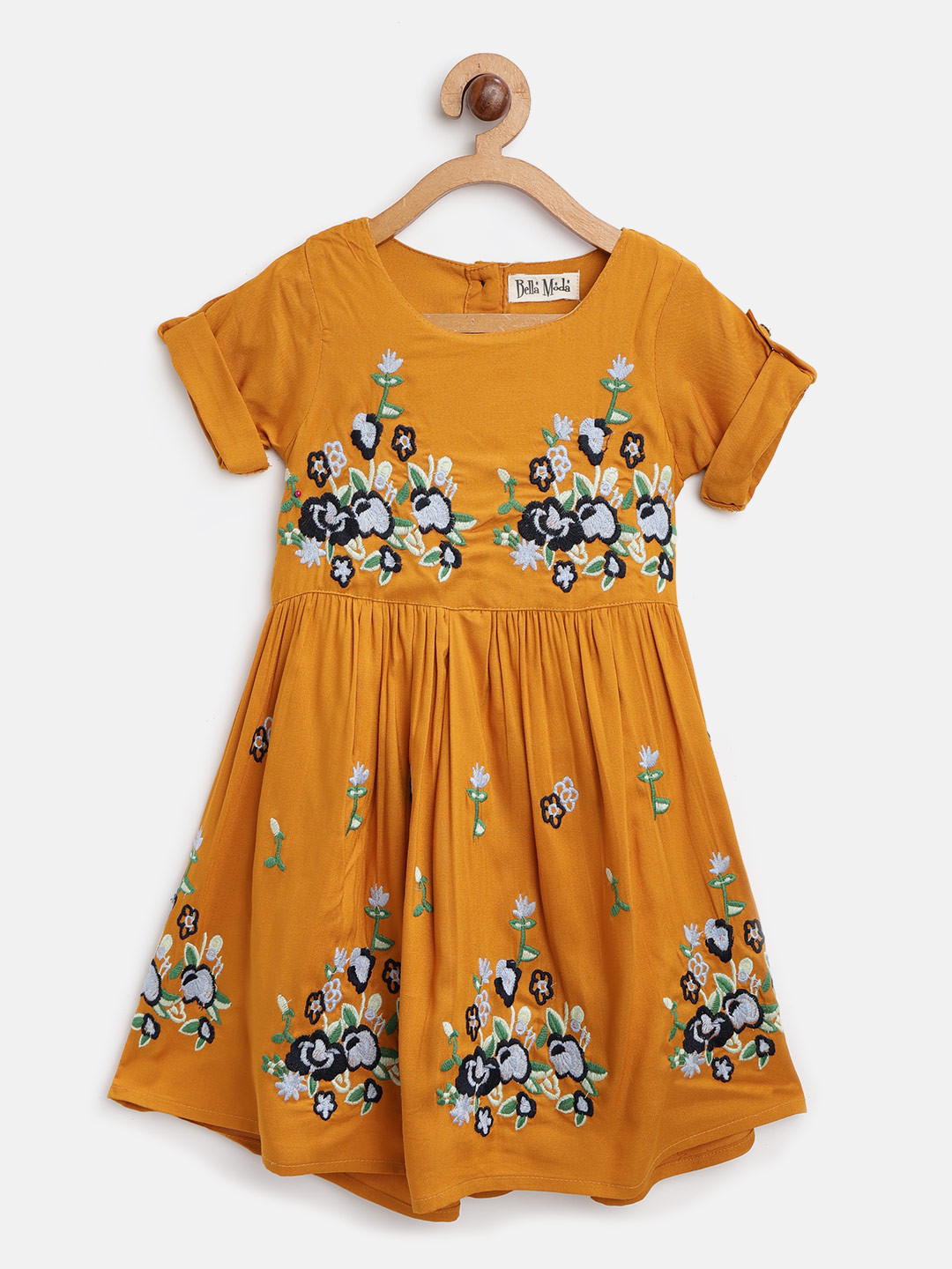 

Bella Moda Girls Mustard Yellow Floral Embroidered Fit & Flare Dress