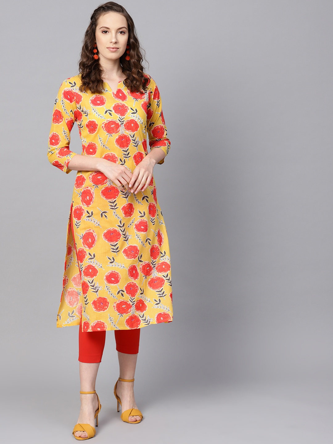 

AHIKA Women Mustard Yellow & Coral Red Printed Straight Kurta