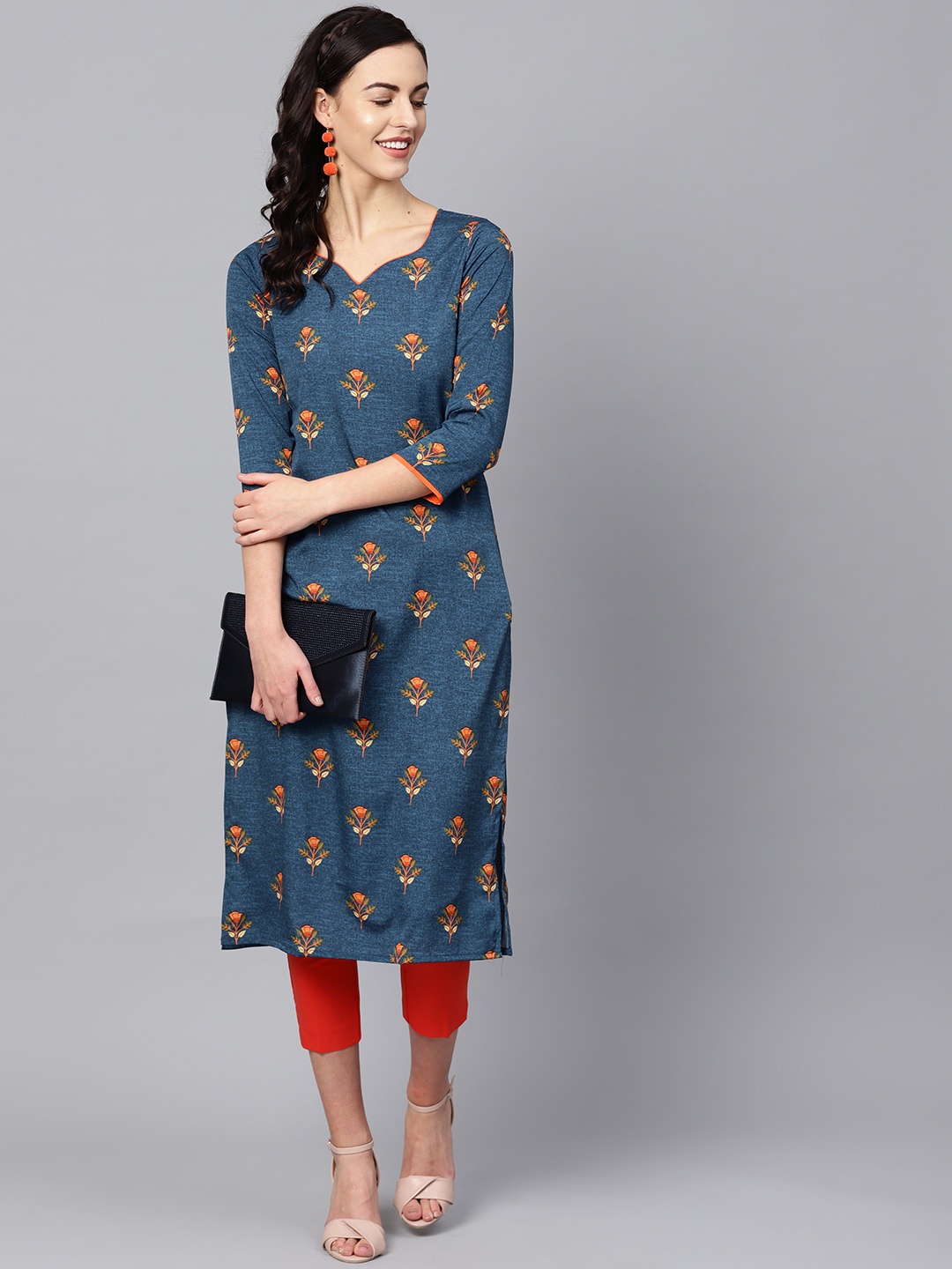 

AHIKA Women Navy Blue & Orange Printed Straight Kurta