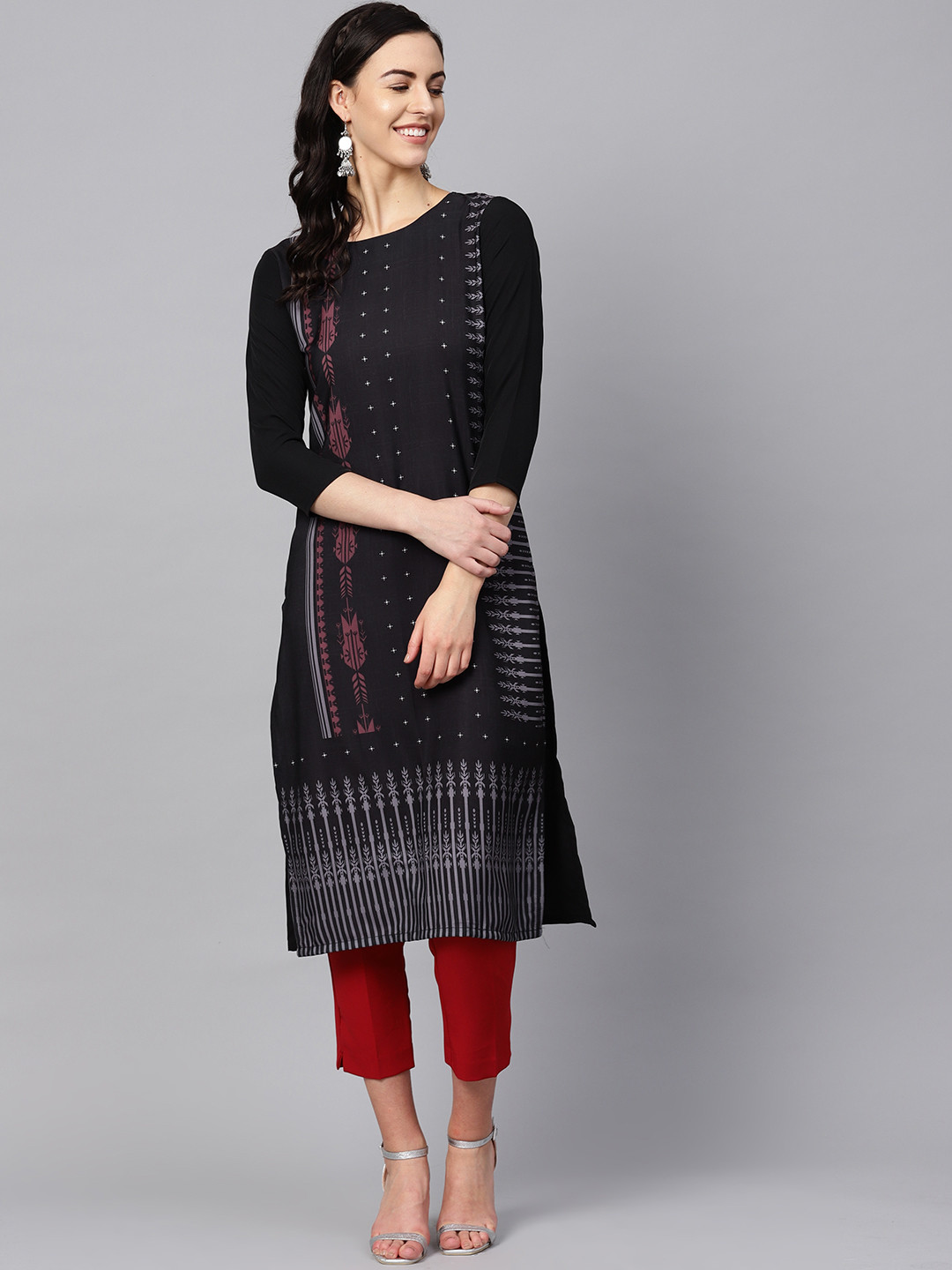 

AHIKA Women Black & Grey Printed Straight Kurta