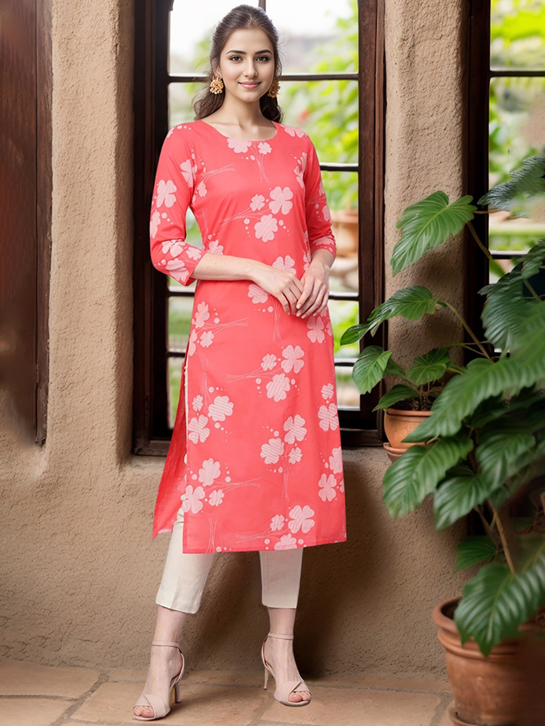 

AHIKA Women Coral Pink & Off-White Floral Printed Straight Kurta