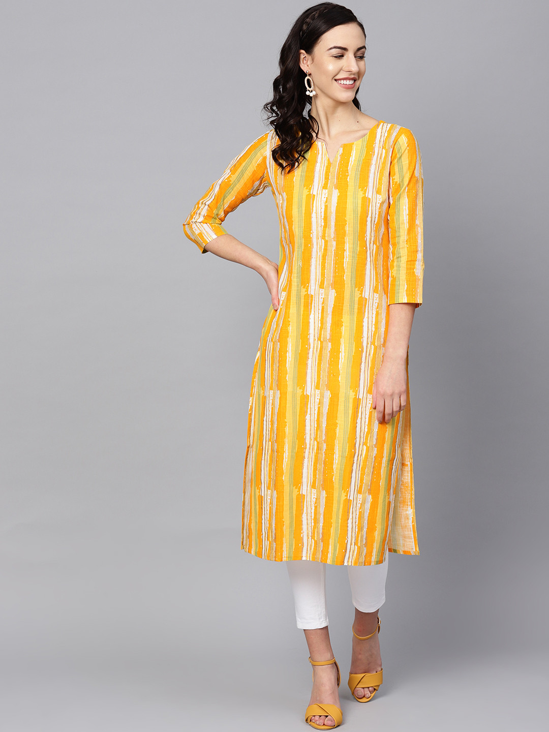 

AHIKA Women Yellow & White Printed Straight Kurta