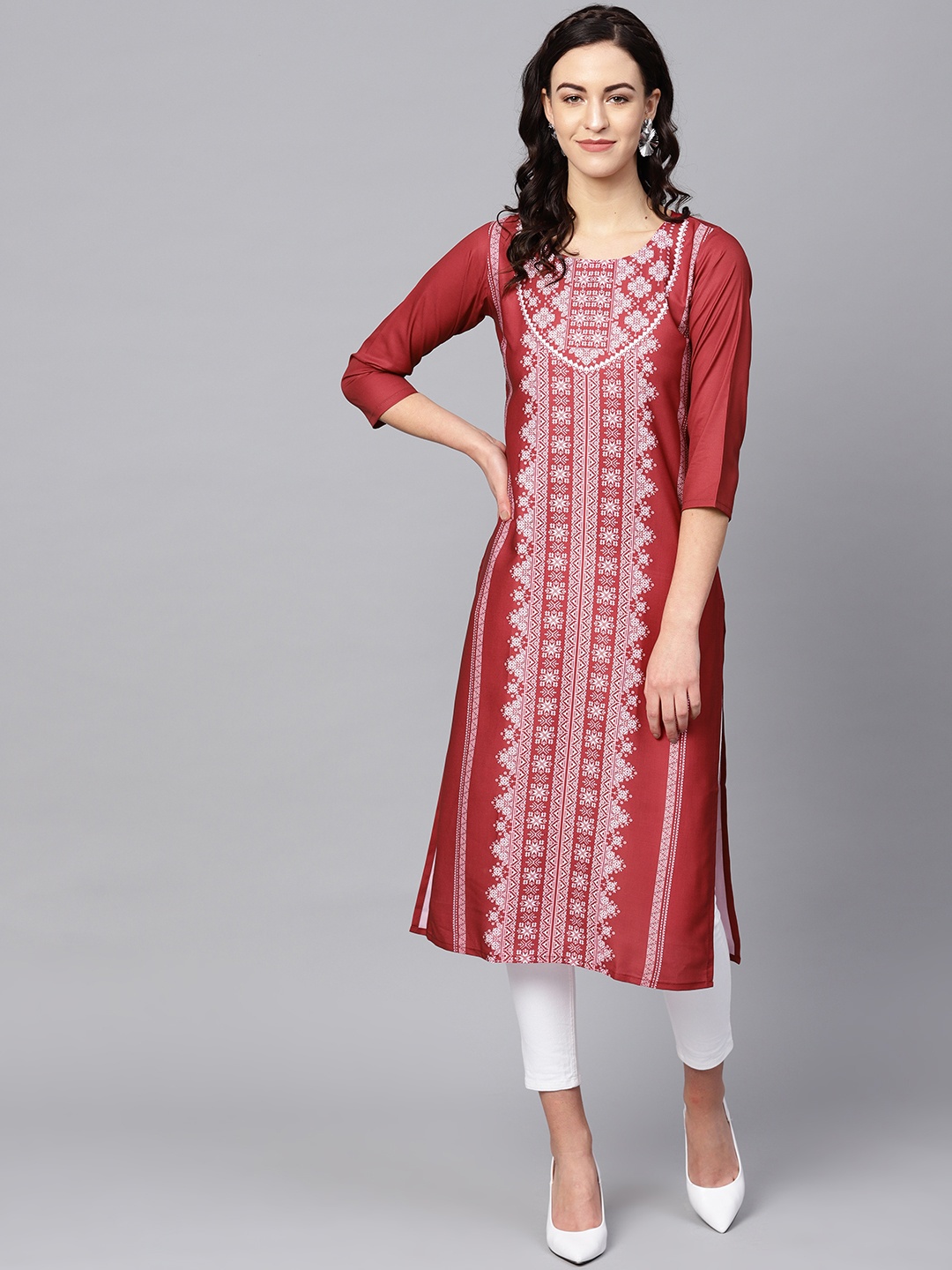 

AHIKA Women Maroon & White Printed Straight Kurta