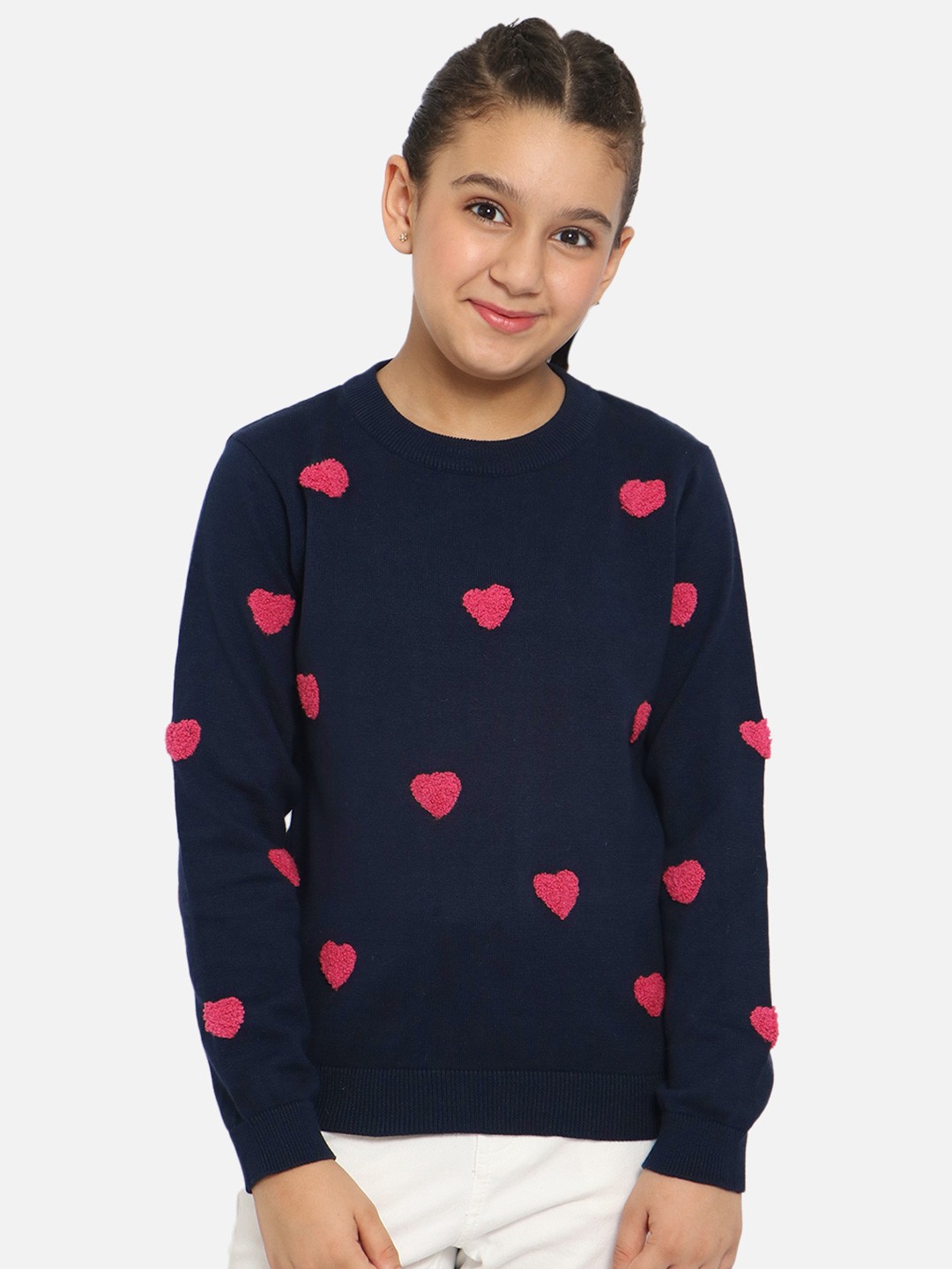 

Natilene Girls Navy Blue & Pink Self-Design Pullover Sweater