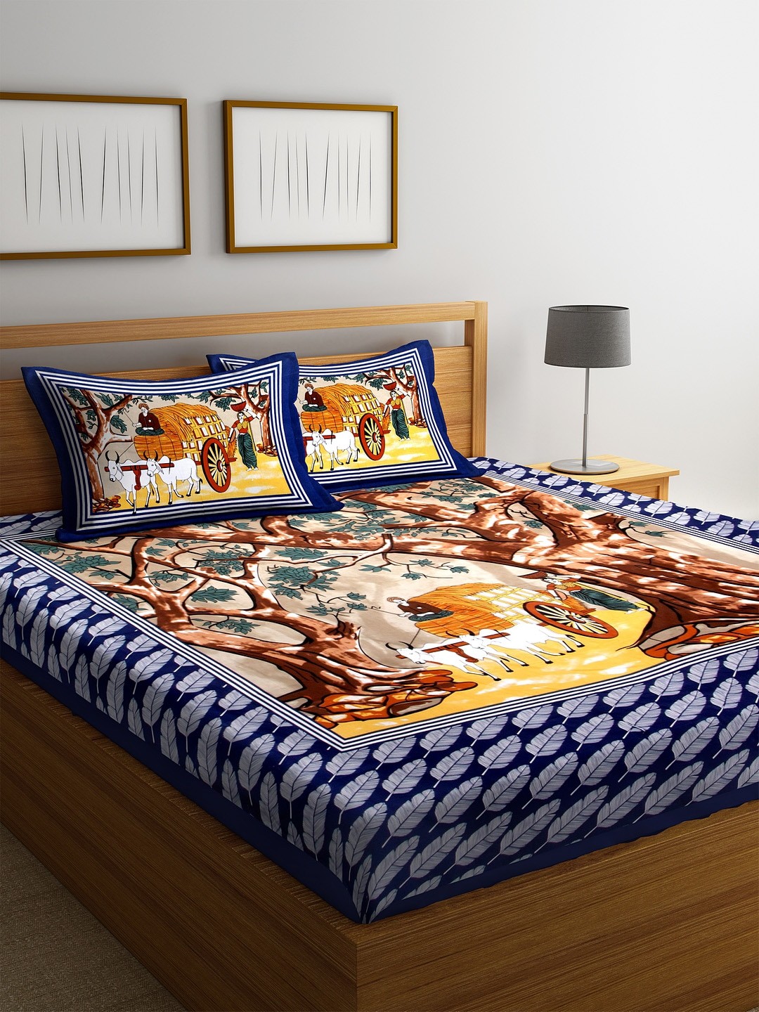 

Rajasthan Decor Blue & Brown Ethnic Motifs 144 TC Cotton 1 King Bedsheet with 2 Pillow Covers