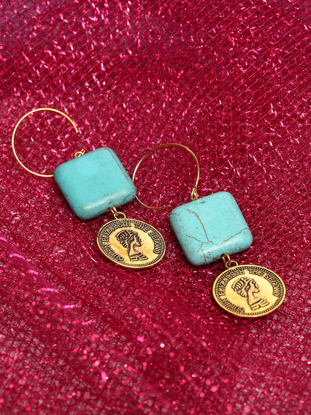 

PANASH Gold-Plated Turquoise Blue Square Drop Earrings