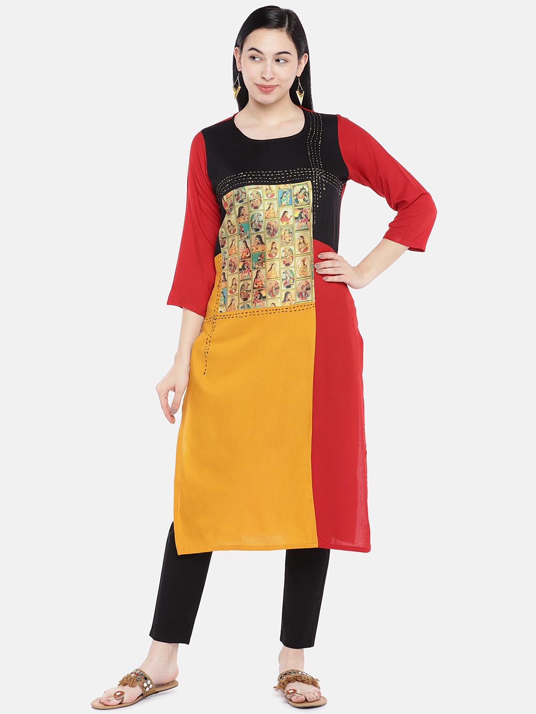 

Vbuyz Women Red & Yellow Printed Colourblocked Straight Kurta