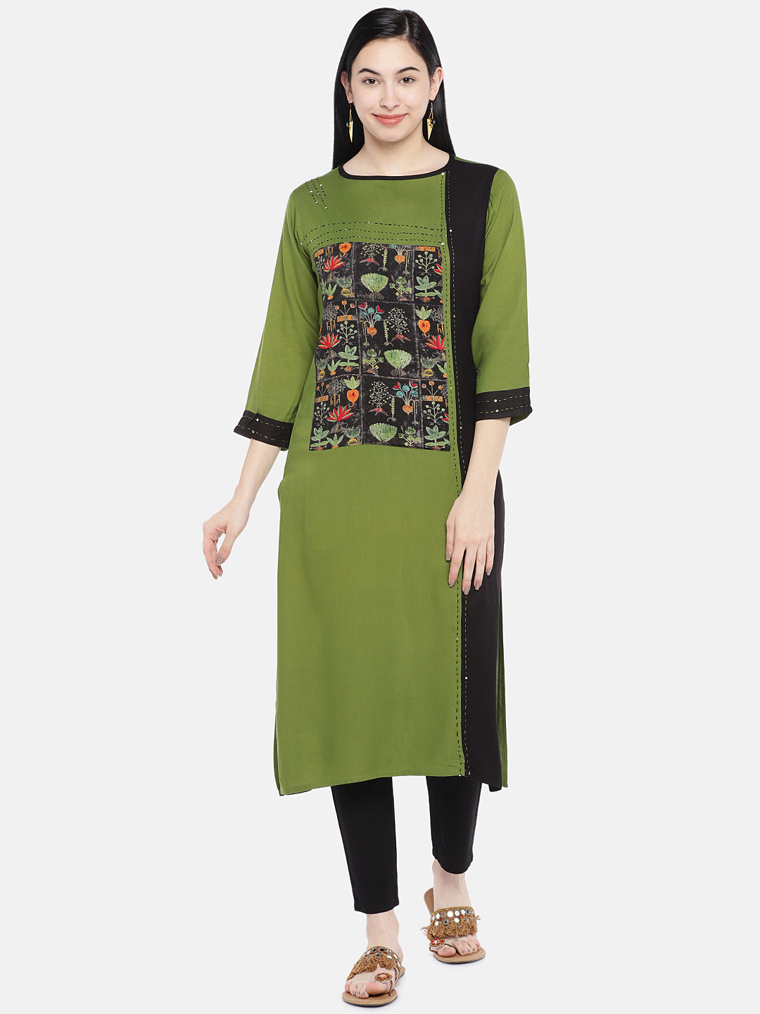 

Vbuyz Women Olive Green & Black Floral Print Colourblocked Straight Kurta