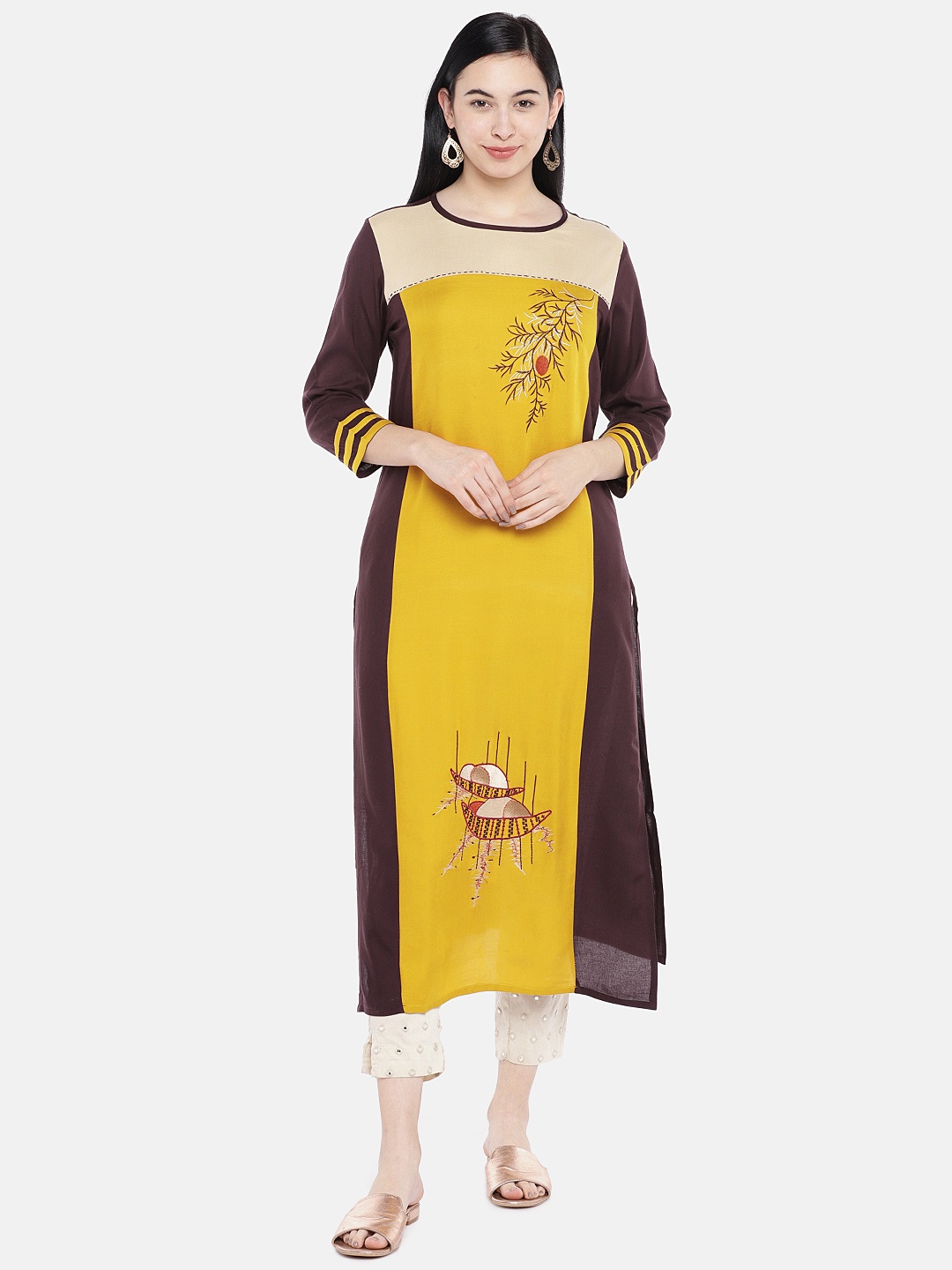 

Vbuyz Women Yellow & Brown Quirky Embroidered Colourblocked Straight Kurta