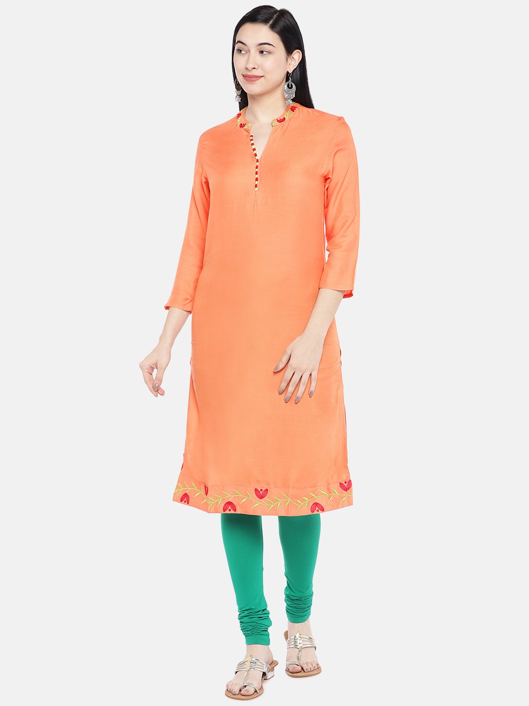 

Vbuyz Women Orange Yoke & Border Embroidered Straight Kurta