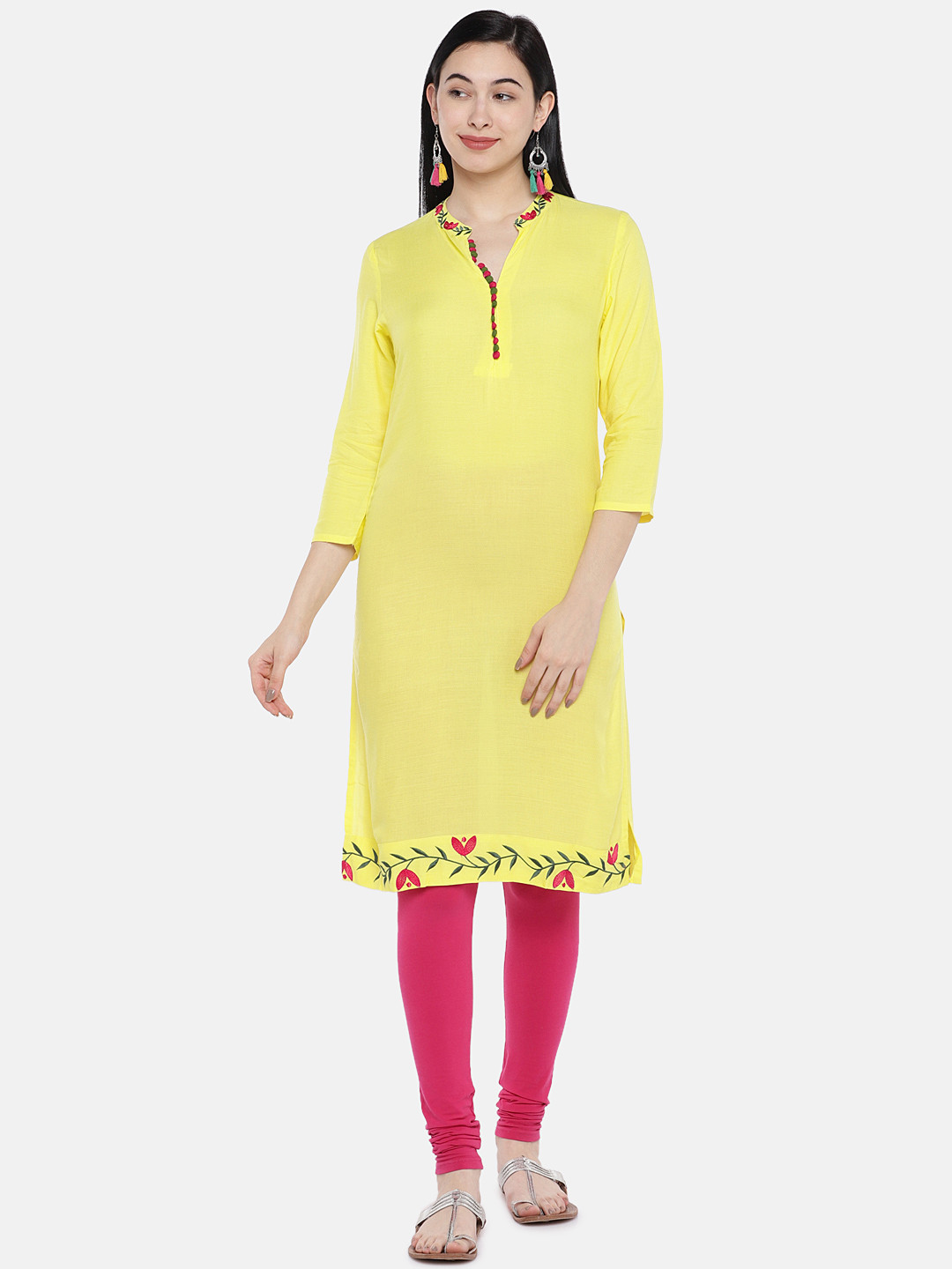 

Vbuyz Women Yellow Solid Straight Kurta with Embroidery