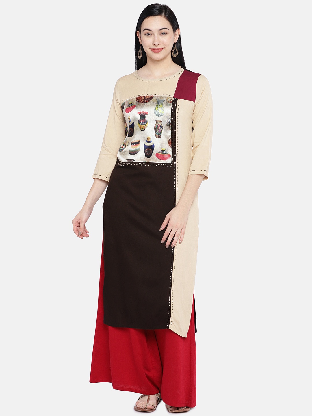 

Vbuyz Women Beige & Black Quirky Printed Colourblocked Straight Kurta