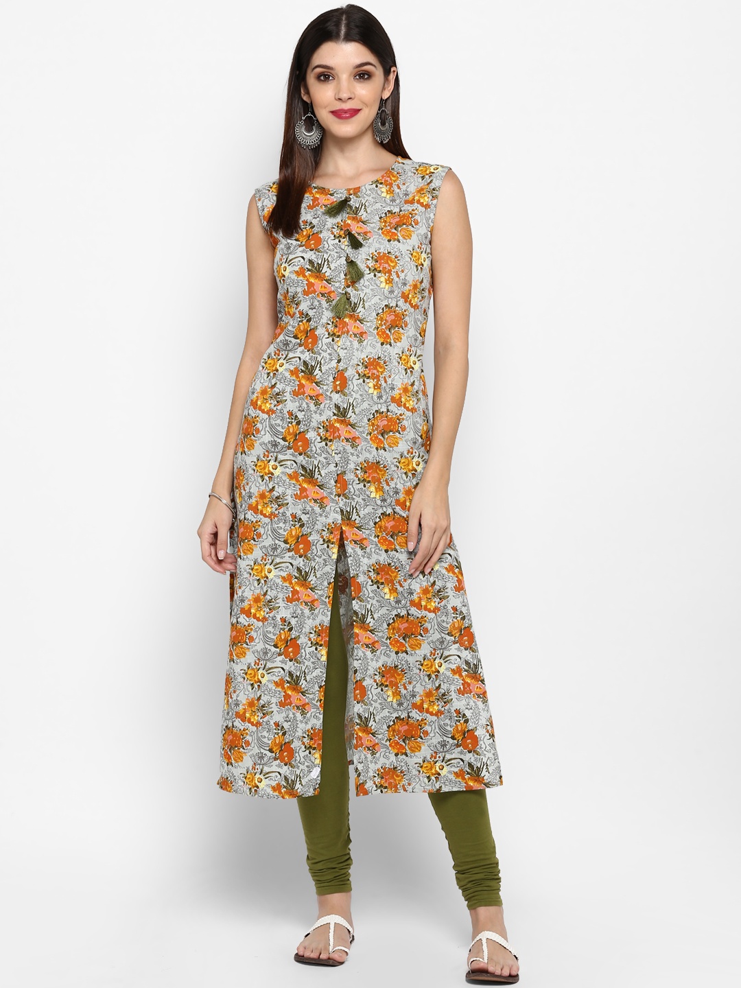 

Vbuyz Women Grey & Yellow Floral Print Straight Kurta