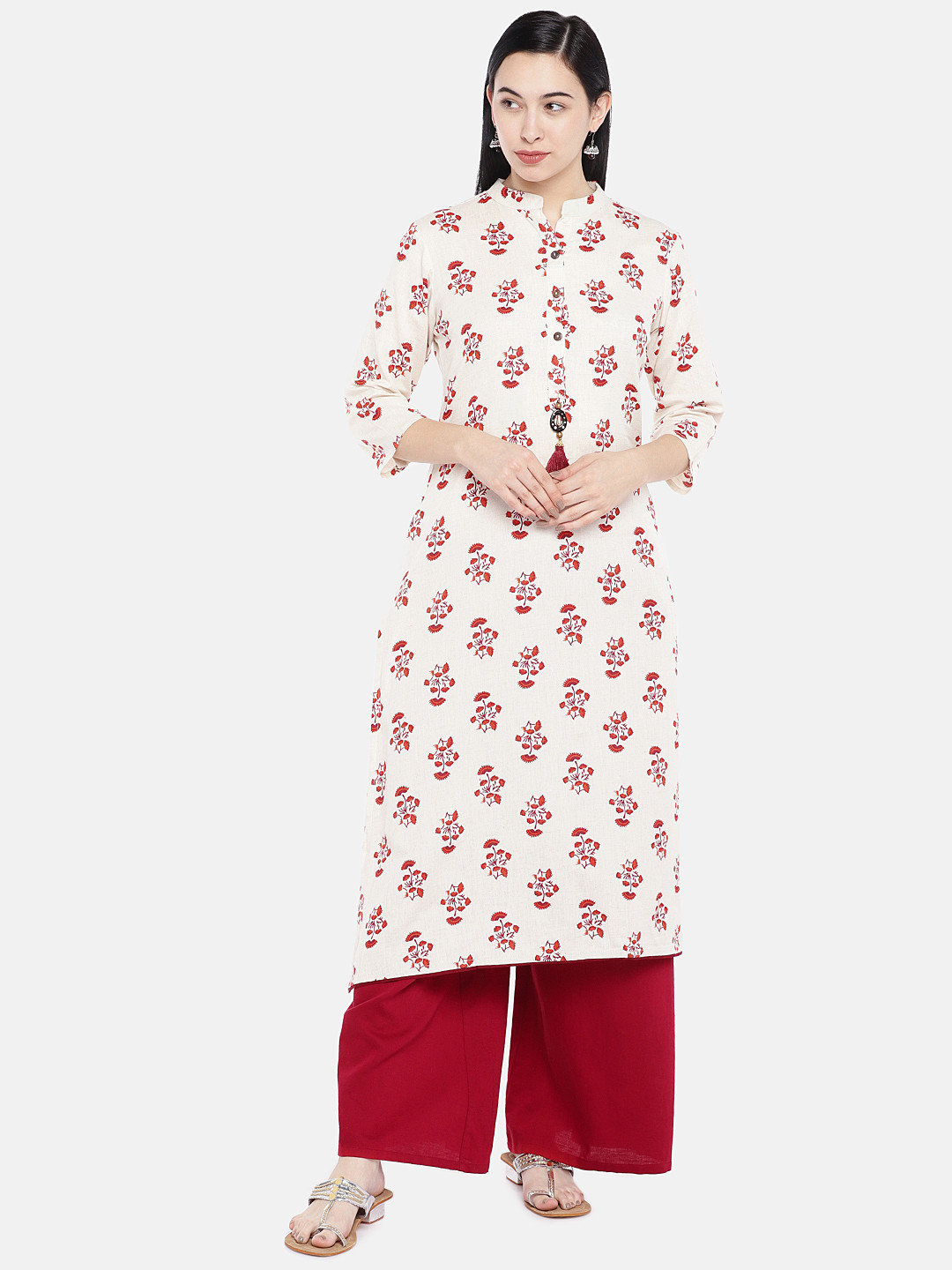 

Vbuyz Women Cream-Coloured & Red Printed Straight Kurta