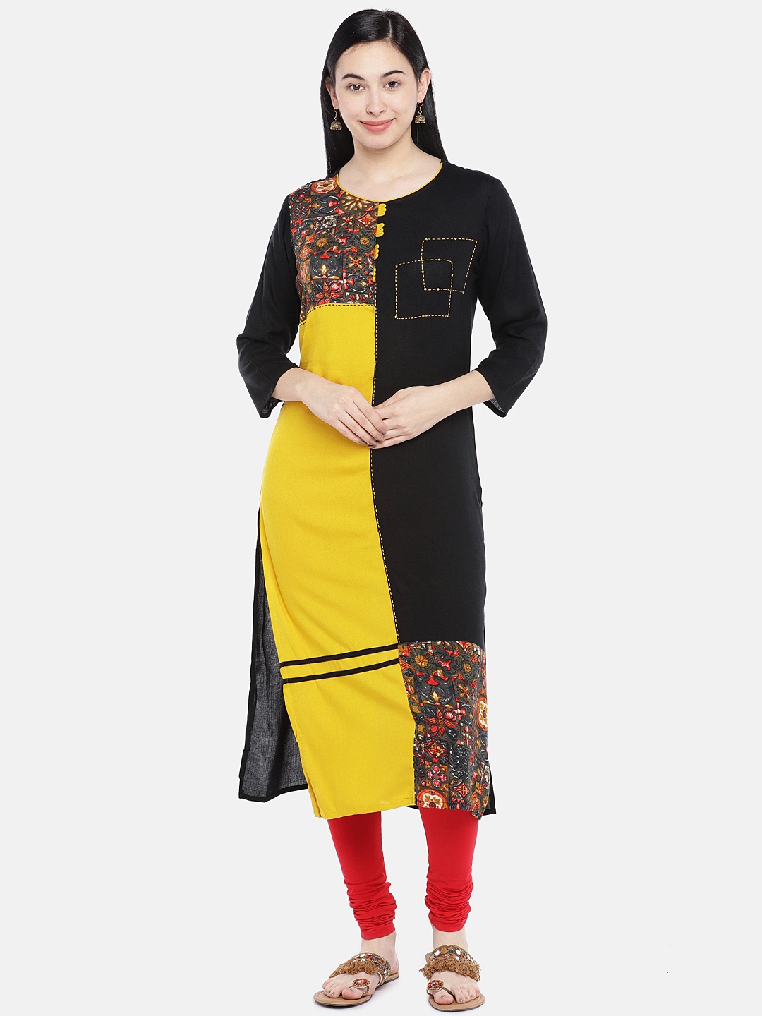 

Vbuyz Women Yellow & Black Printed Colourblocked Straight Kurta