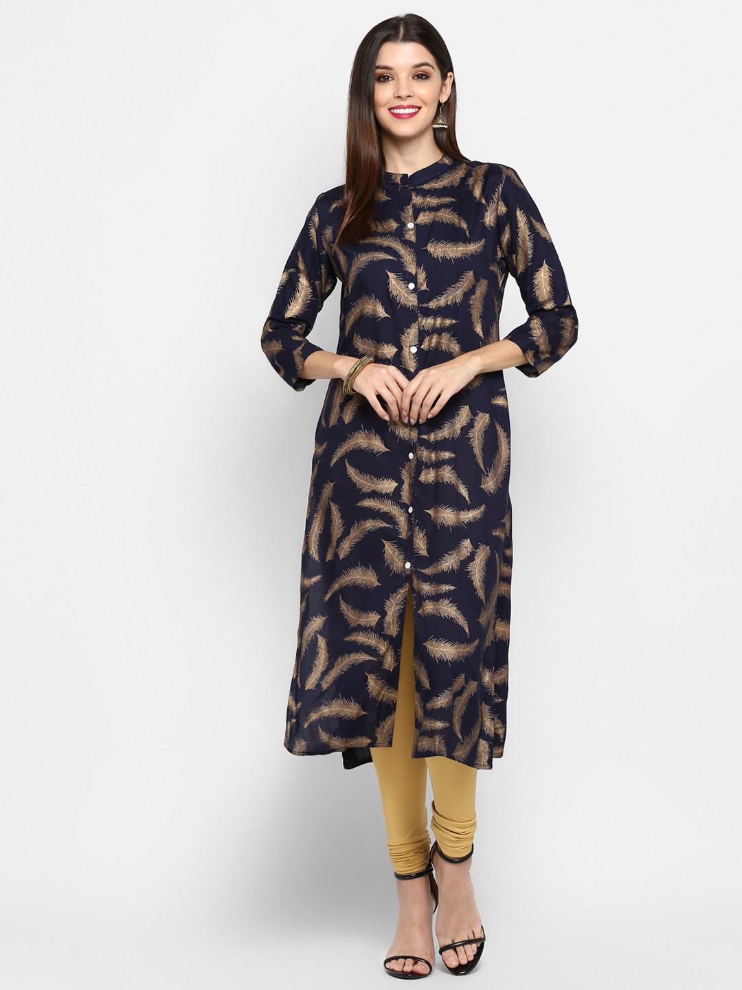 

Vbuyz Women Navy Blue & Beige Feather Printed Straight Kurta