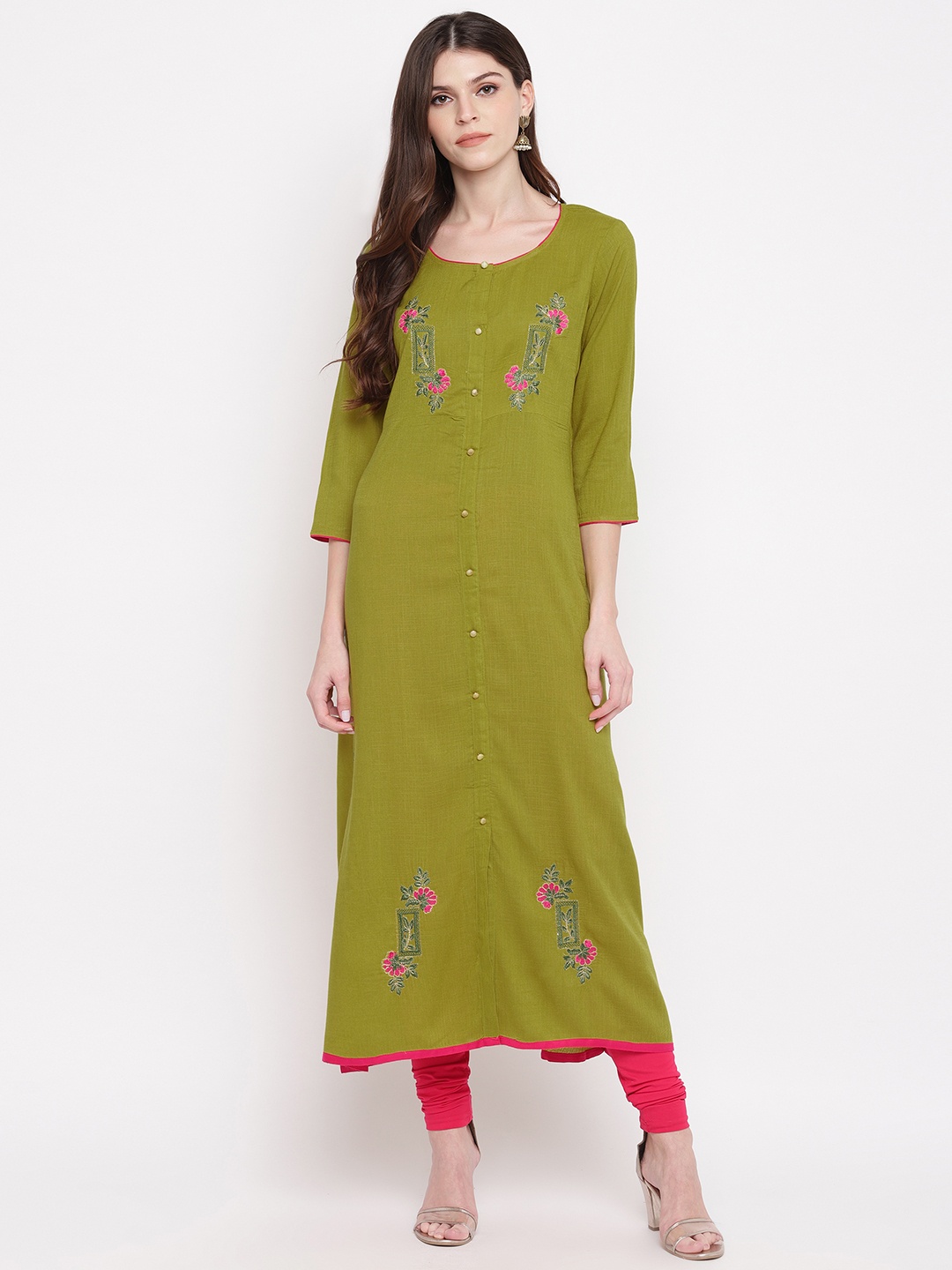 

Vbuyz Women Lime Green Embroidered Empire A-Line Kurta