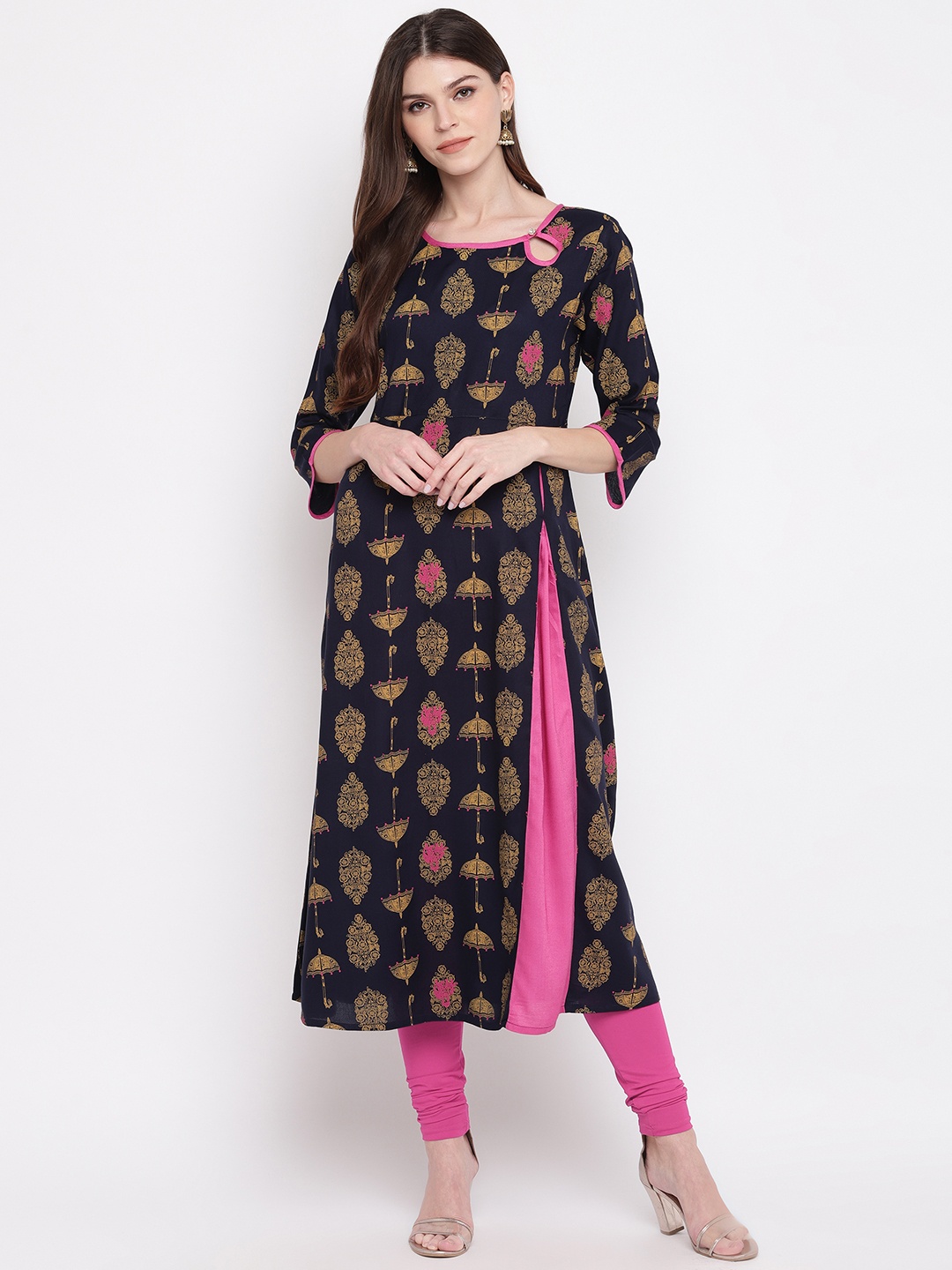 

Vbuyz Women Navy Blue & Yellow Printed A-Line Kurta