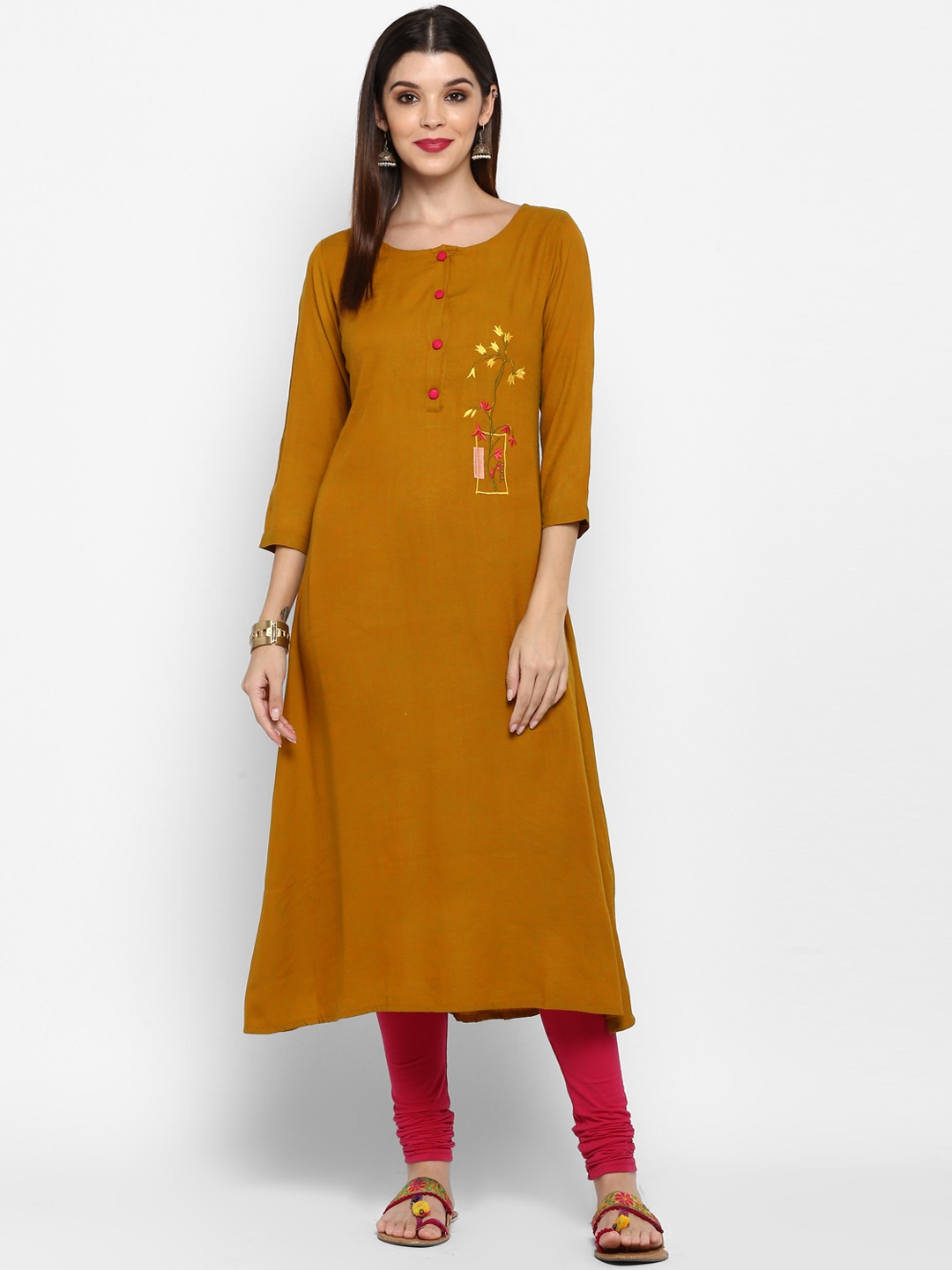 

Vbuyz Women Mustard Yellow Embroidered A-Line Kurta