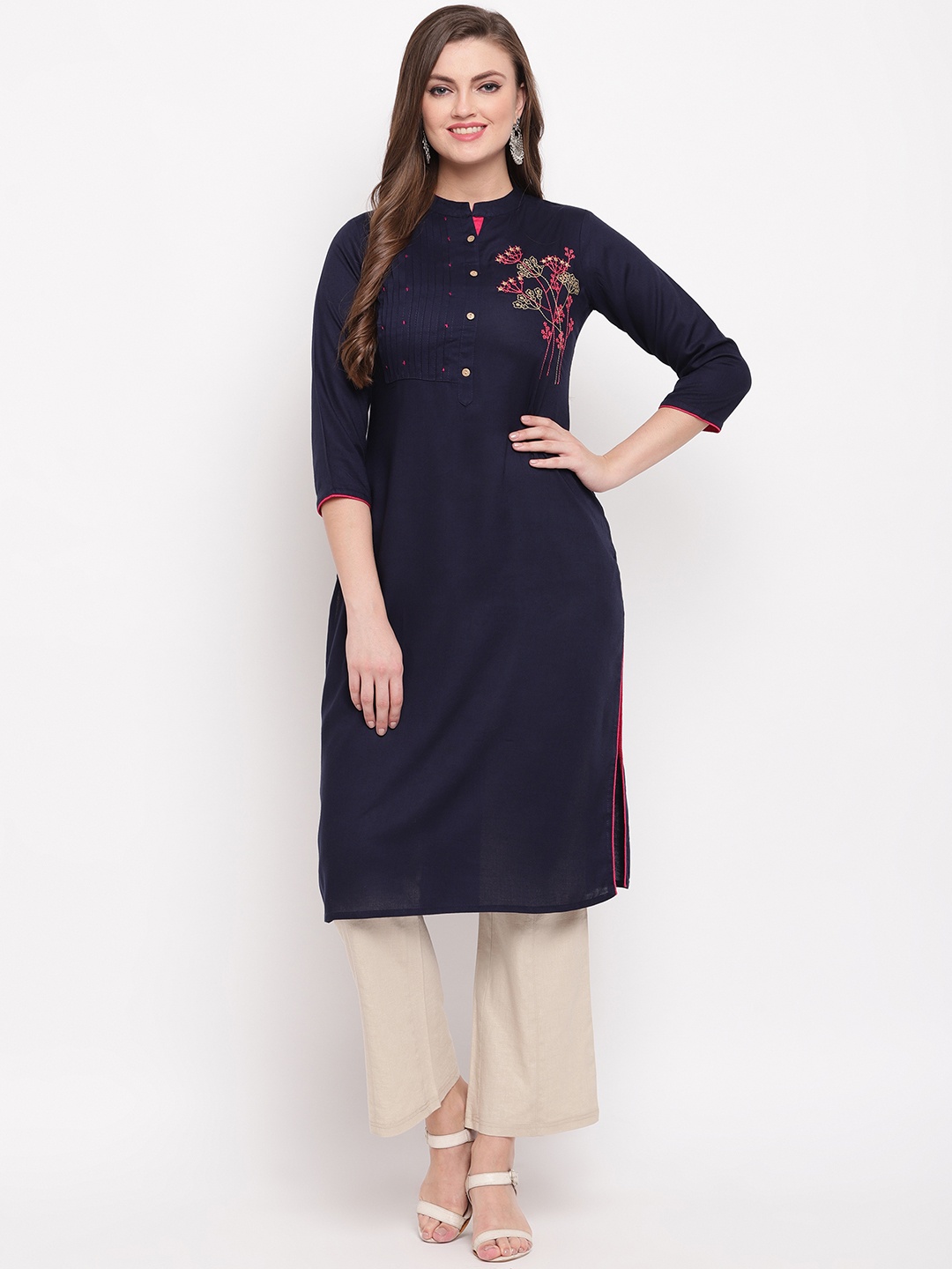 

Vbuyz Women Navy Blue Yoke Design Straight Kurta