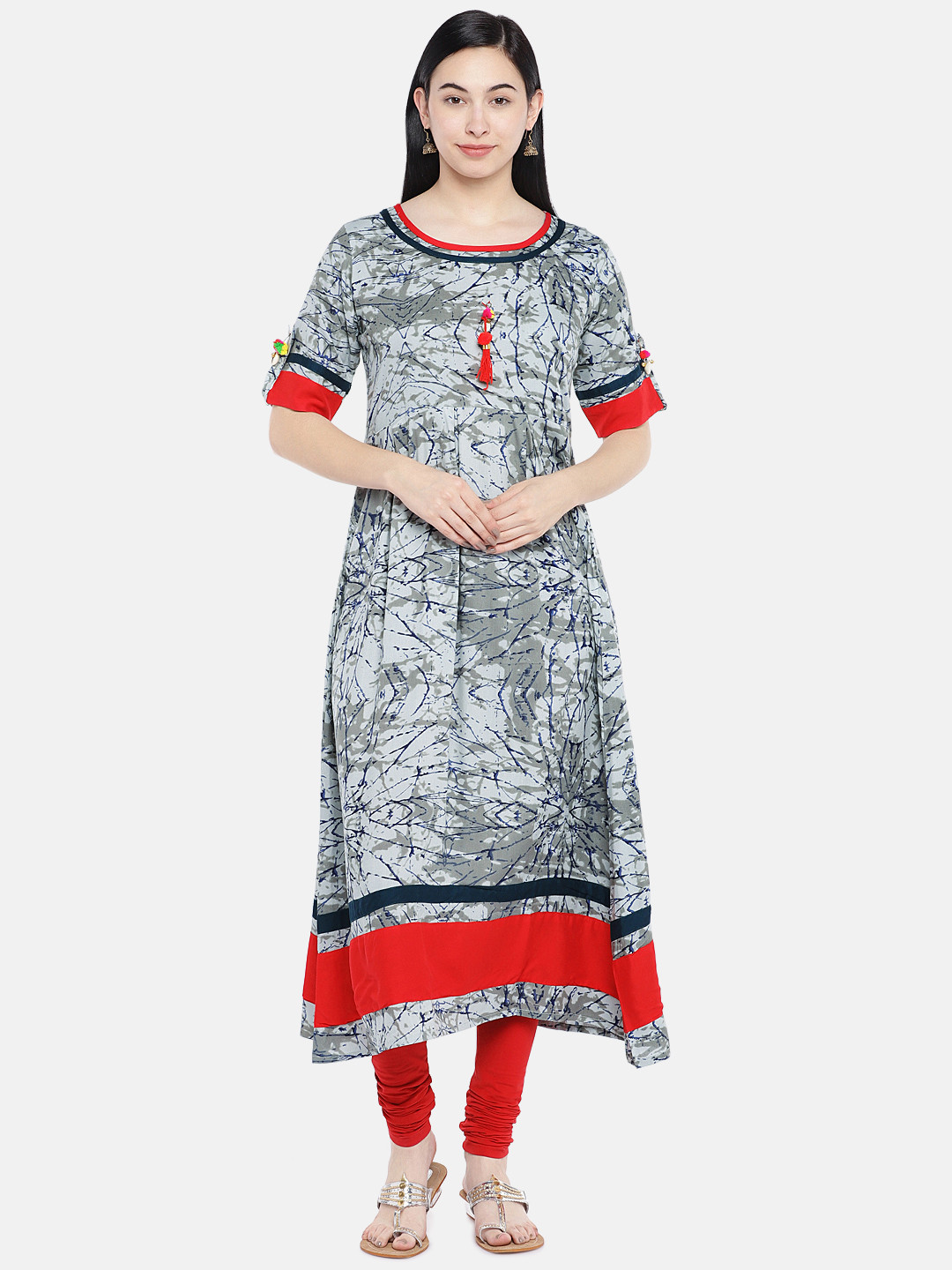 

Vbuyz Women Grey & Red Printed A-Line Kurta
