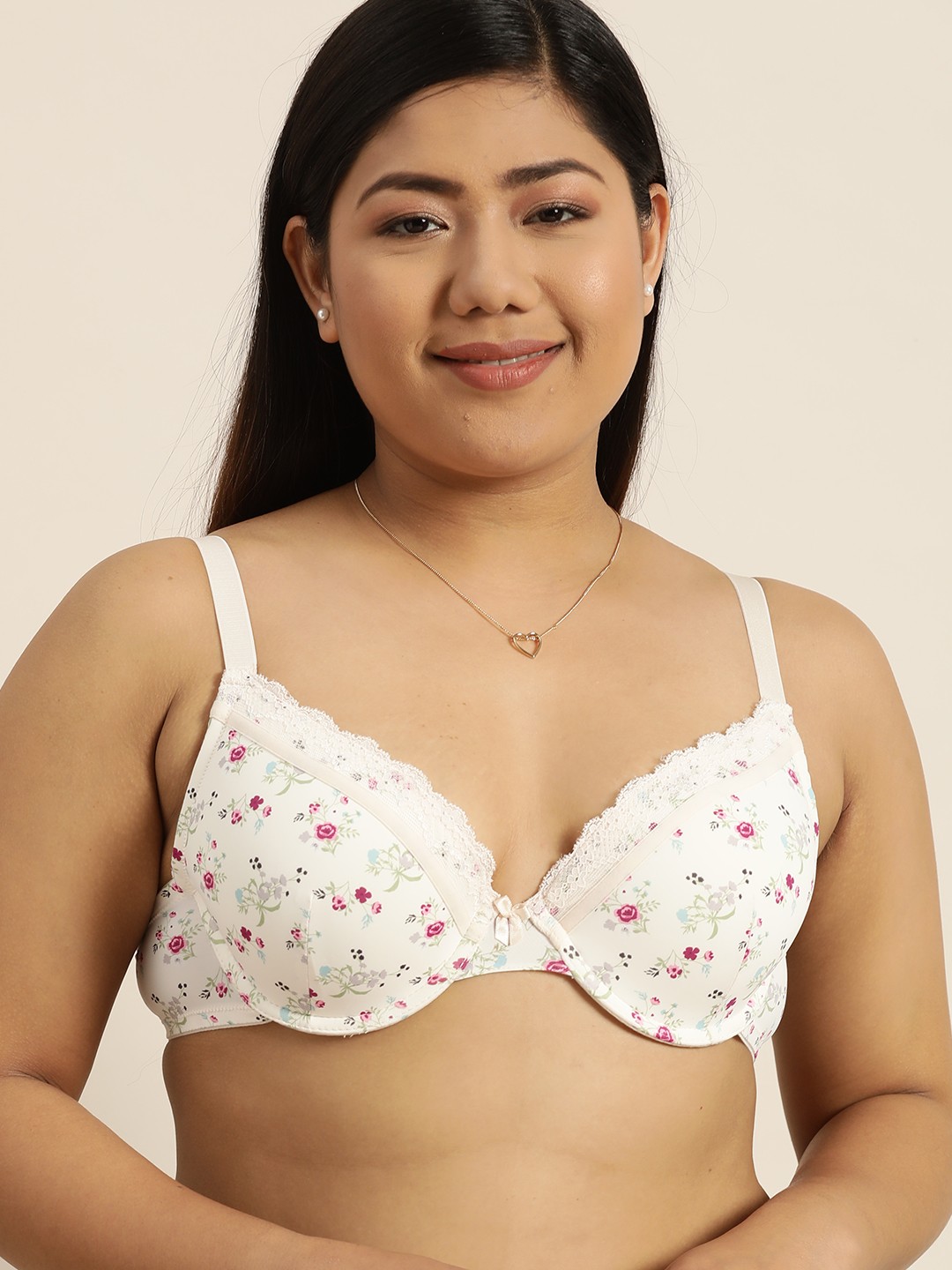 

Sztori Plus Size Off-White Pink Printed Underwired Lightly Padded Everyday Bra SP192PKFBRA16