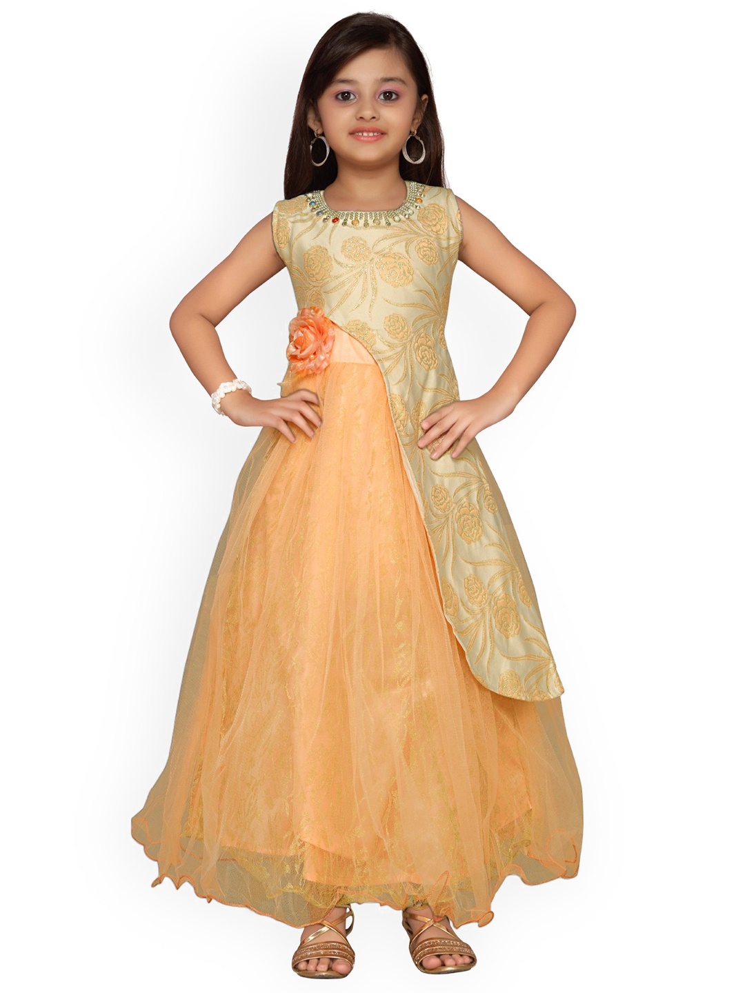 

Kidling Girls Golden Self Design Layered Maxi Dress, Gold