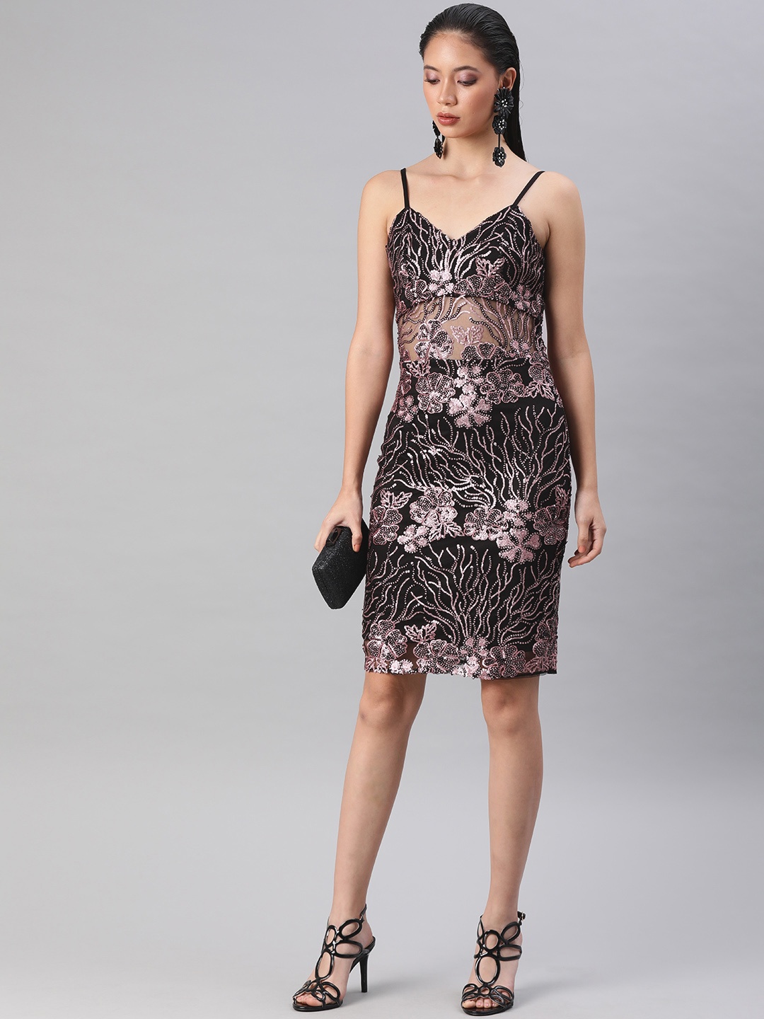 

Athena Black Floral Sequinned Spaghetti Sheath Dress, Pink