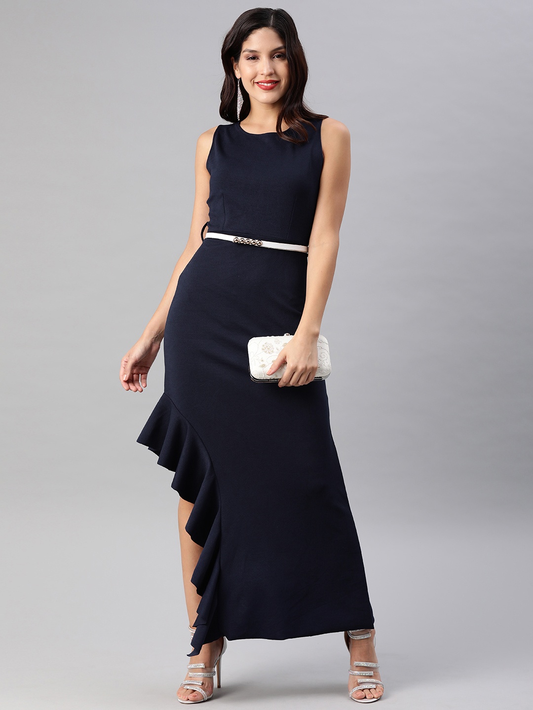 

Athena Navy Blue Ruffled Sheath Maxi Dress