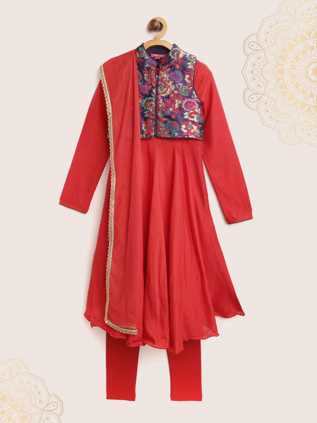 

Biba Girls Red Solid Kurta with Leggings & Dupatta