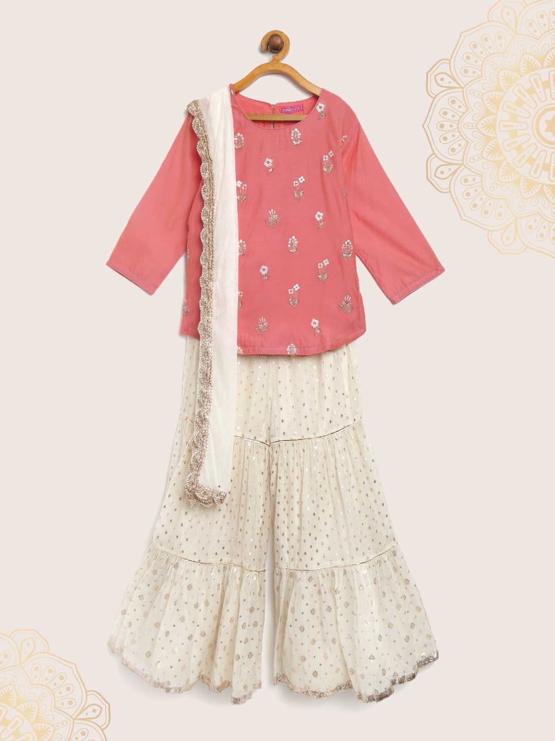

Biba Girls Peach-Coloured & Off-White Embroidered Kurti with Sharara & Dupatta