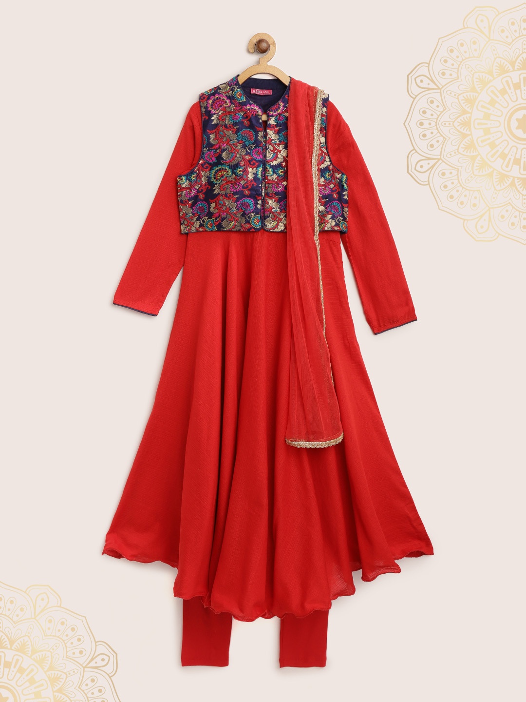 

Biba Girls Red Solid Anarkali Kurta Set with Dupatta & Ethnic Waistcoat