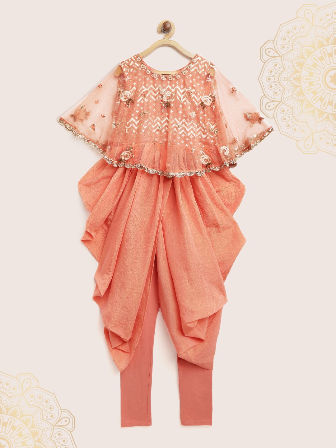 

Biba Girls Peach-Coloured Self-Design Layered Kurta with Leggings