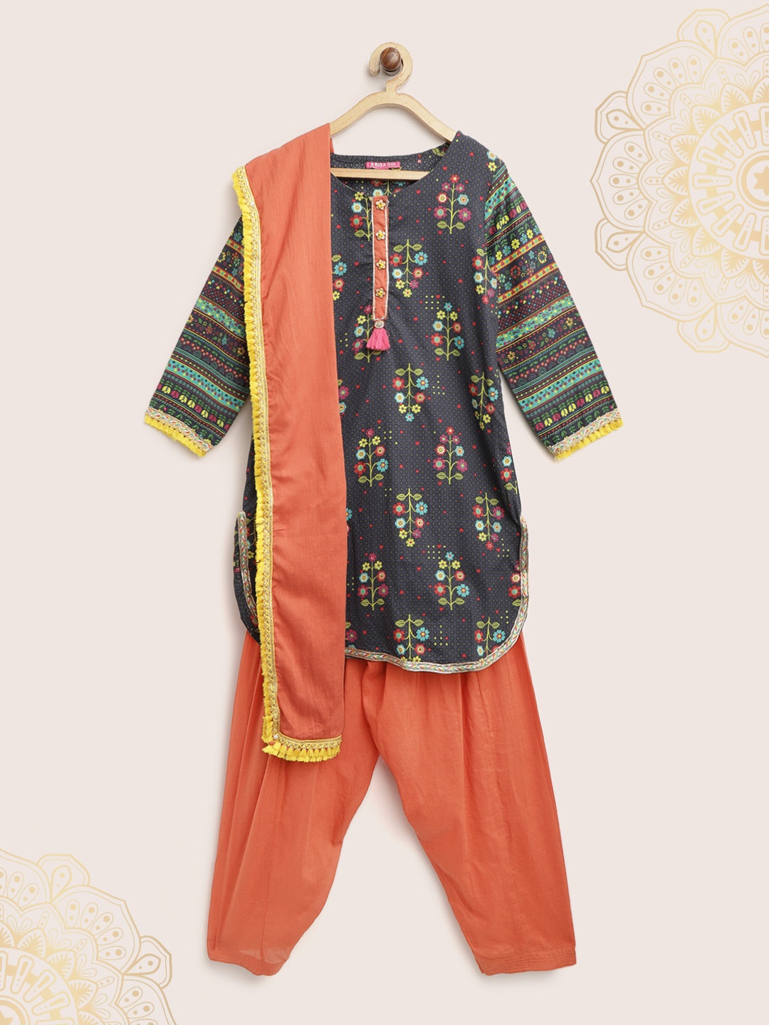 

Biba Girls Navy Blue & Orange Printed Kurta with Salwar & Dupatta
