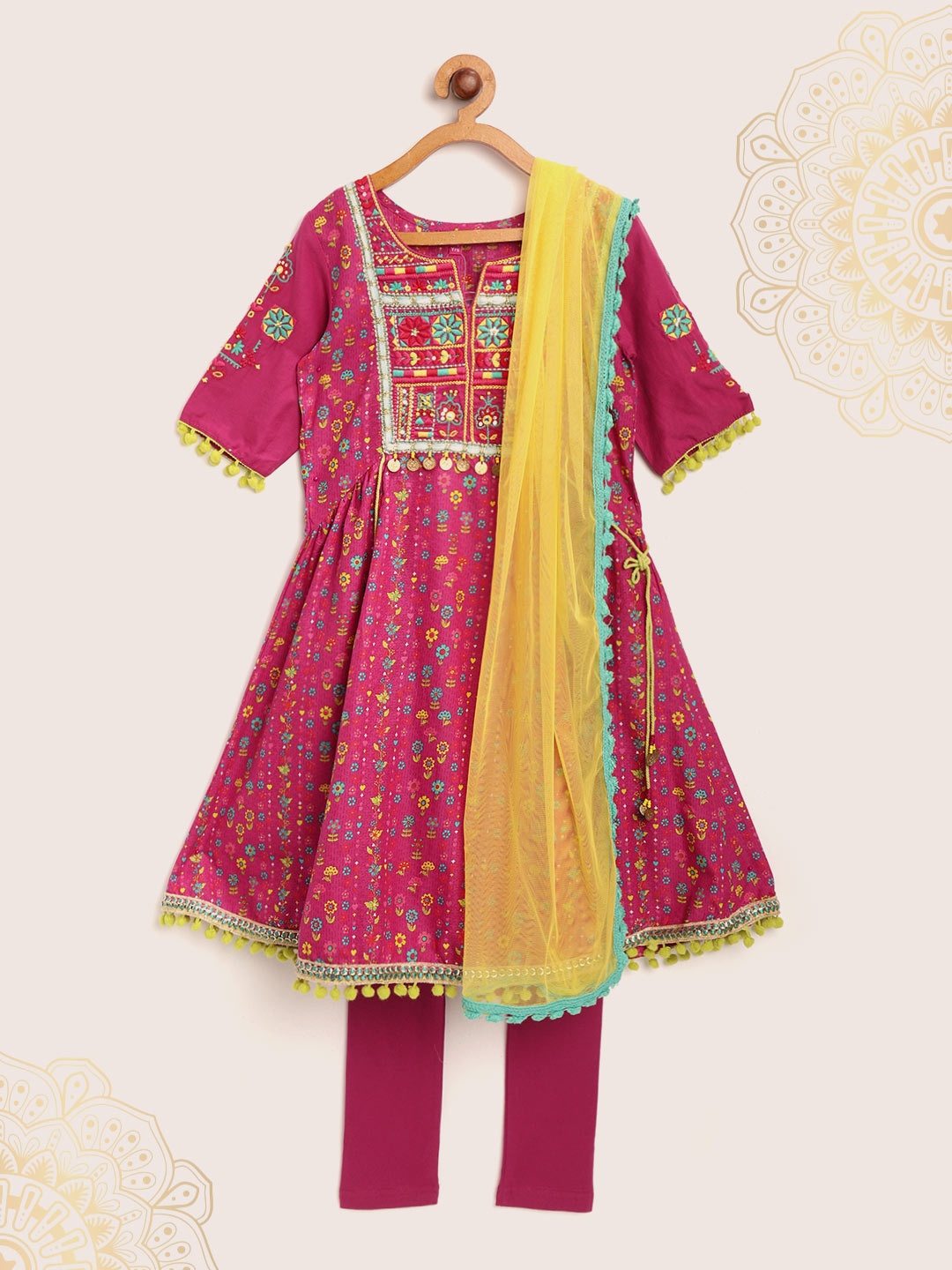 

Biba Girls Pink & Yellow Printed Kurta with Churidar & Dupatta