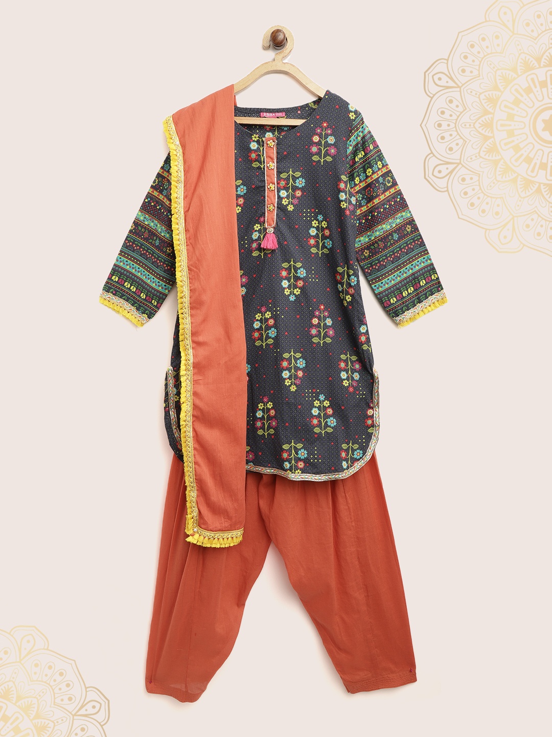 

Biba Girls Navy Blue & Orange Printed Kurta with Salwar & Dupatta