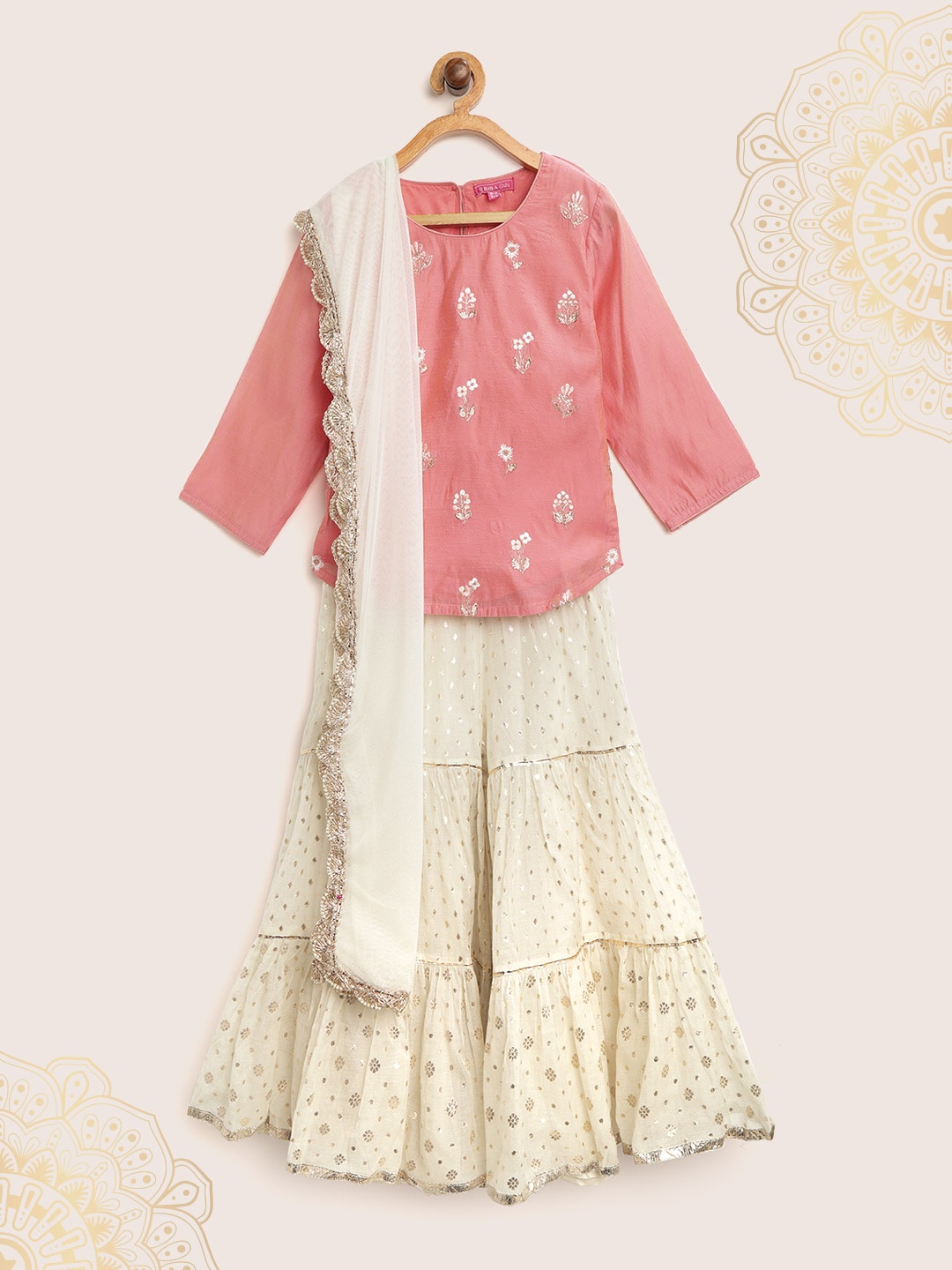 

Biba Girls Pink & Off-White Embroidered Kurti with Sharara & Dupatta