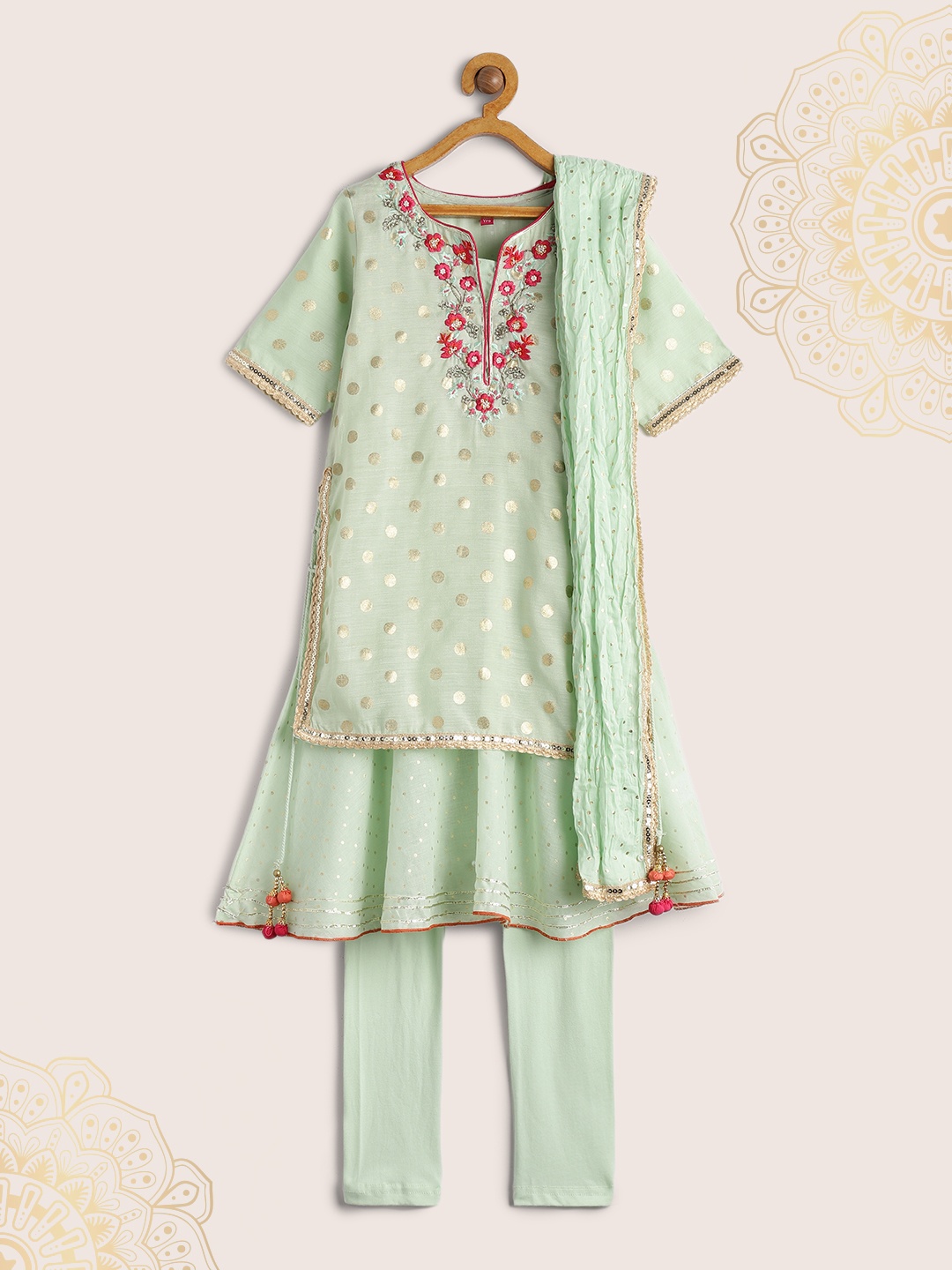 

Biba Girls Green & Golden Printed Kurta with Churidar & Dupatta