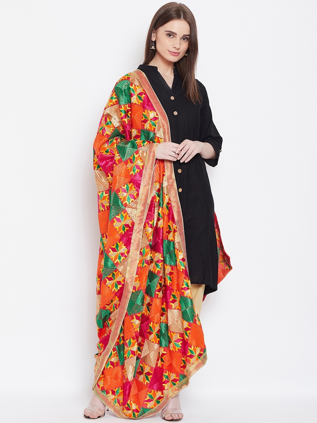 

WEAVERS VILLA Orange & Yellow Phulkari Embroidered Dupatta