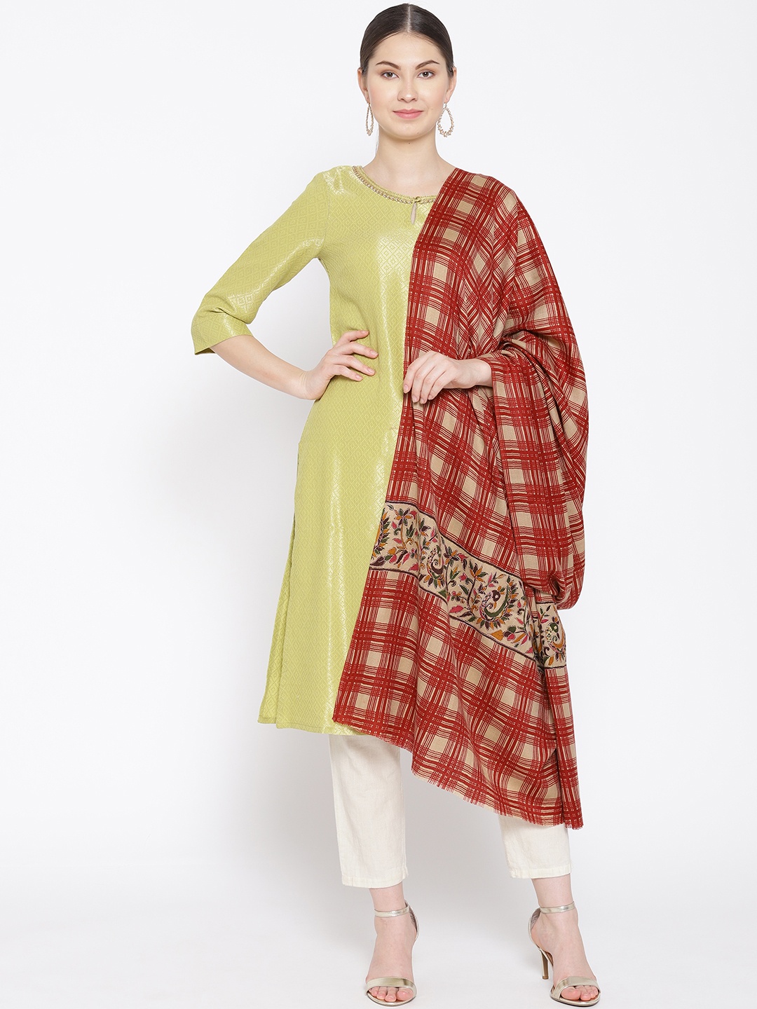 

WEAVERS VILLA Women Maroon & Beige Woollen Checked Shawl